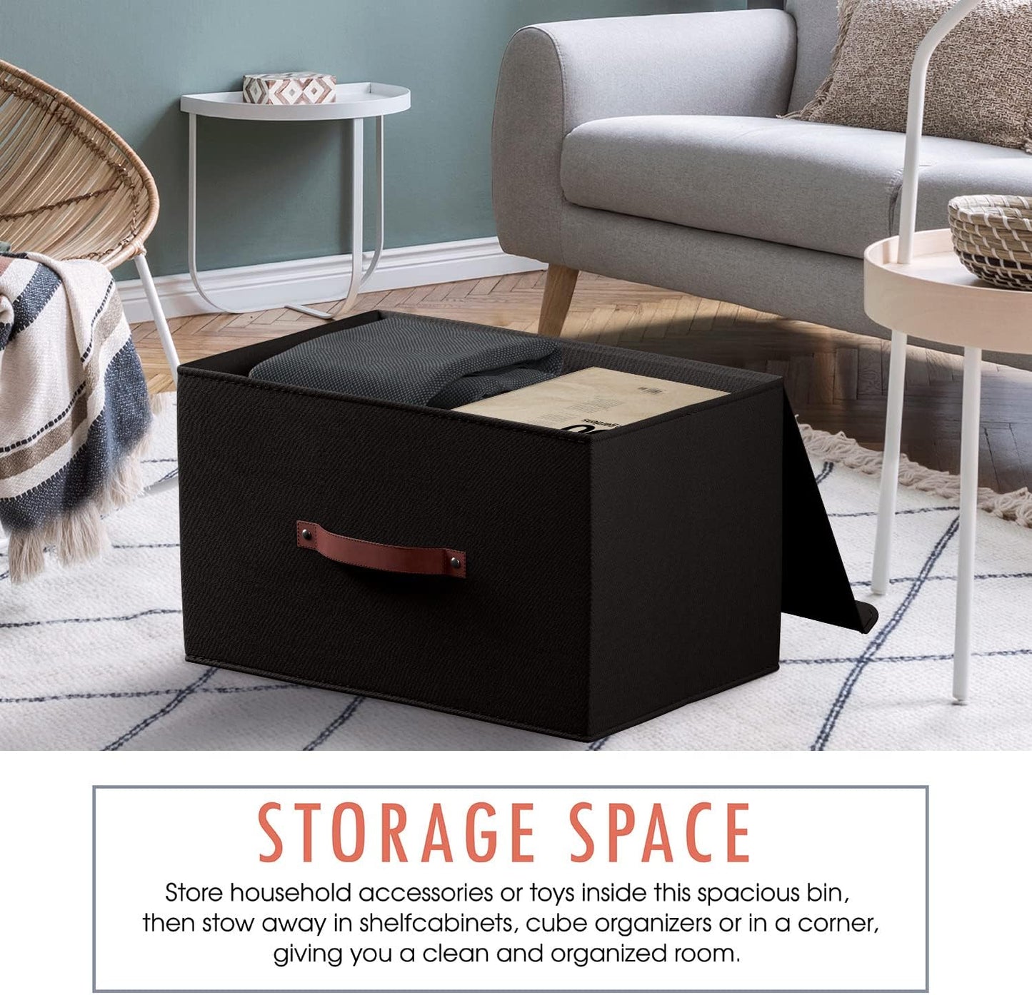 Ornavo Home 3 Pack Collapsible Storage Bins with Lid, Foldable Linen Fabric Shelf Storage Basket Closet Organizer and Large Storage Box for Clothes with Leather Handles, 16.5 x 11.8 x 7.5, Black
