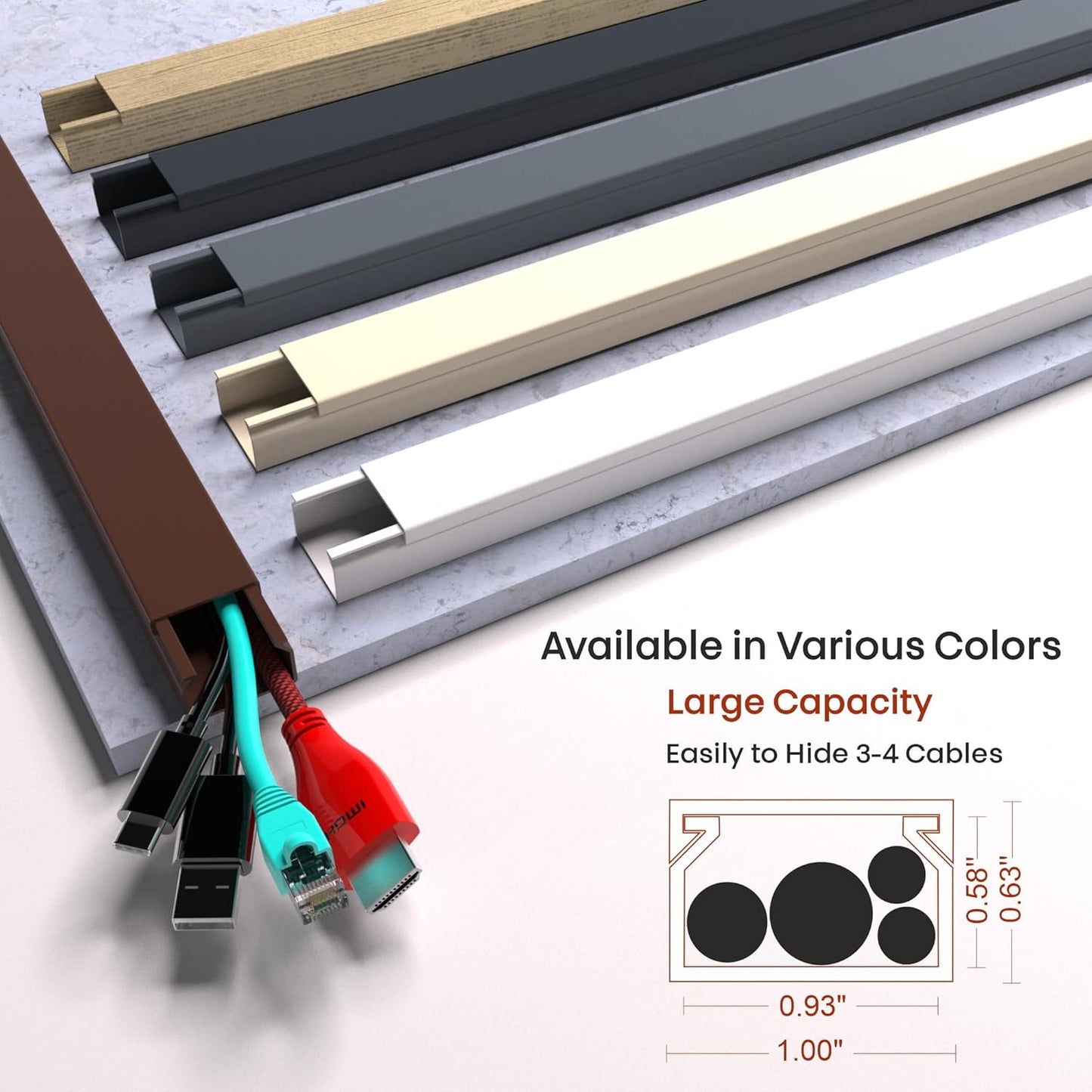Brown Cable Cover Cord Concealer - 315in Wire Raceway, Hide Cables, Channel Kit, Wall Mount Cover, Hiding Strip, Management, Conduit, Molding