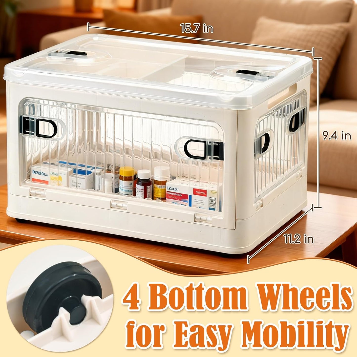 Medicine Organizer Box with Clear Window,Large Medicine Storage Container with Wheels for Bathroom Carbinet,First Aid Box Empty,House Essentials