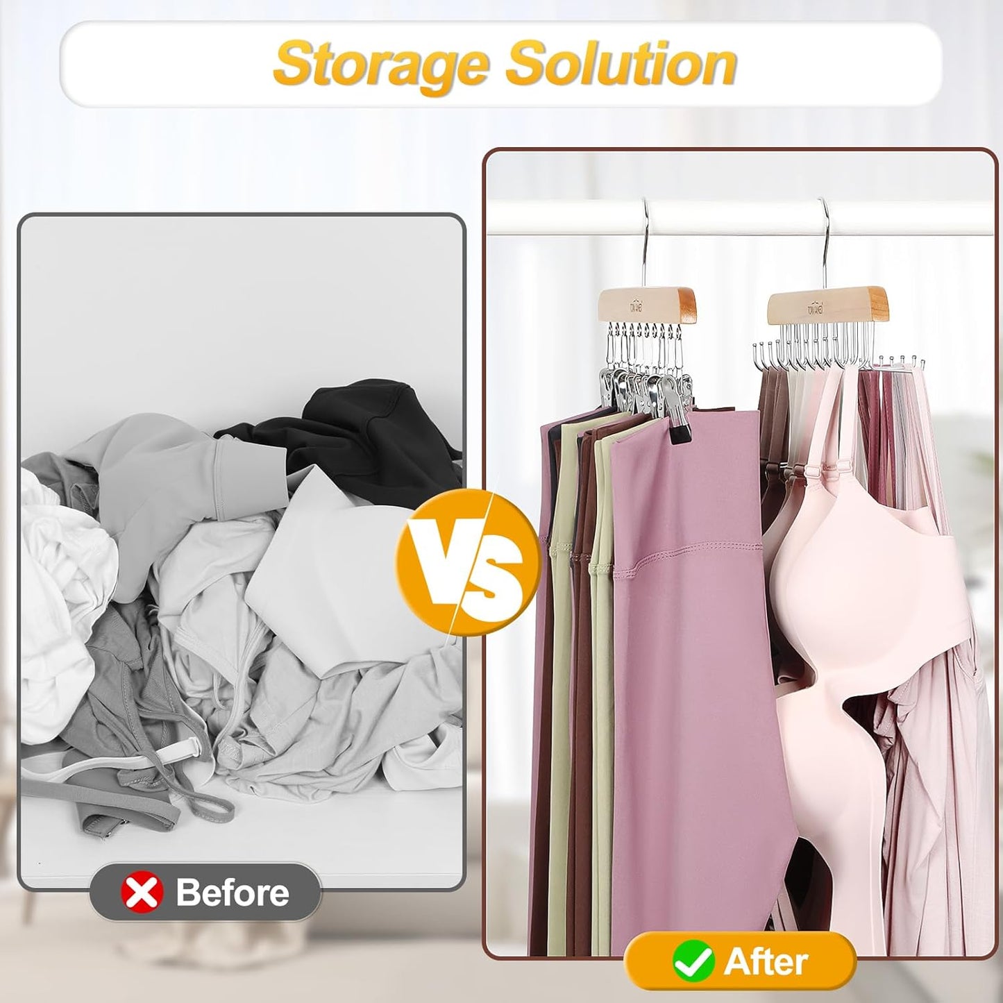 TOPIA HANGER 2 Pack Bra Hanger with Leggings Organizer, 2-in-1 Space Saving Hangers Neatly Store Max 20 Bras and 10 Leggings, Pants Jeans Shorts Skirt Tank Top Hanger for Closet Women Natural CT76N