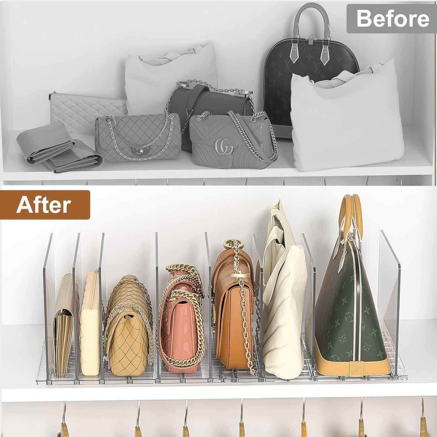 GoMaihe Bag & Purse Organizer for Closet: 4 Sets Adjustable Clear Handbag Storage Shelf - Plastic Clutch Dividers | Minimal | Keep Purses upright