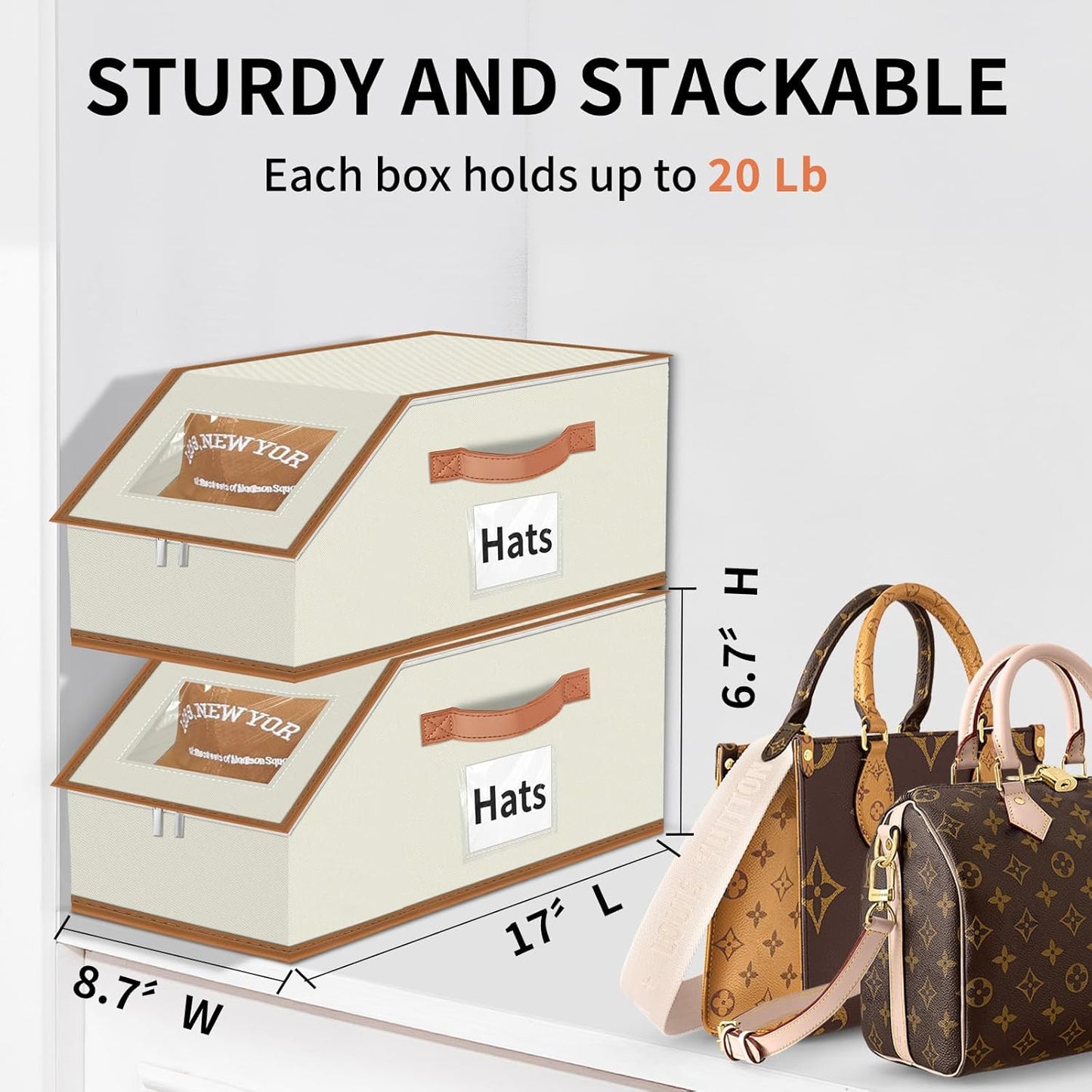 Hat Organizer for Baseball Caps - 2PCS Stackable Storage with Clear Window Lid, Flip-Top Access, Space-Saving Hat Box for Closet, Breathable Fabric (beige with brown)
