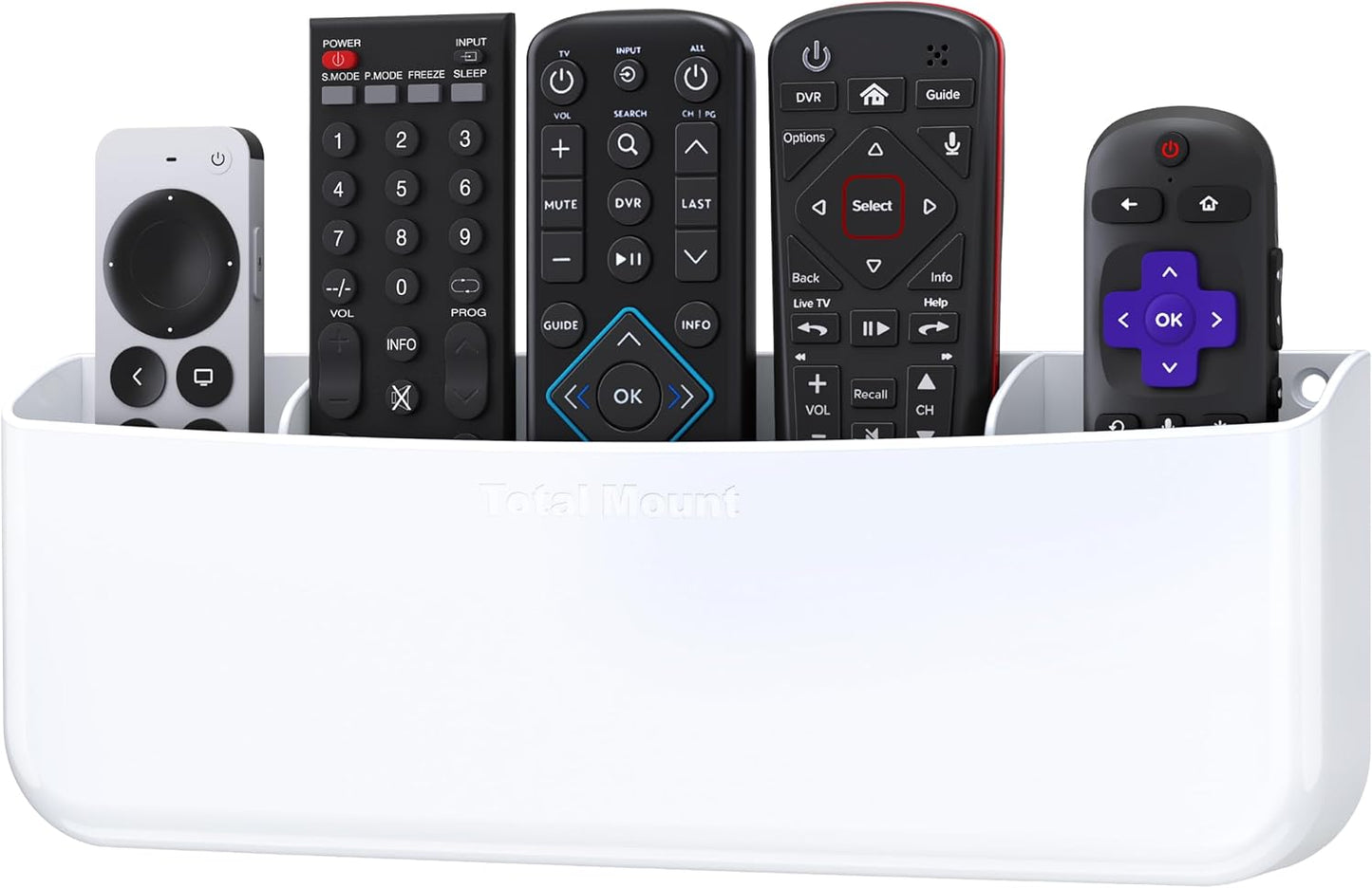 TotalMount Hole-Free Remote Holder – Eliminates The Need to Drill Holes in Your Wall (Premium White Remote Control Holder for 5 or 6 Remotes)