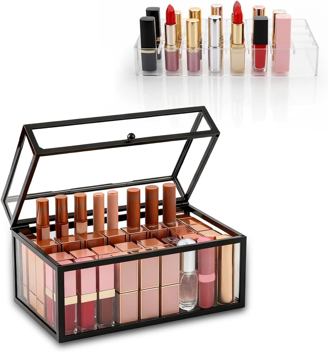 40 Lipsticks Organizer with Lid, Glass Display Box Fits Large Perfume & Skincare, Easy-Access Organiser for Vanity Countertop, Multifunctional Display Box in Any Rooms