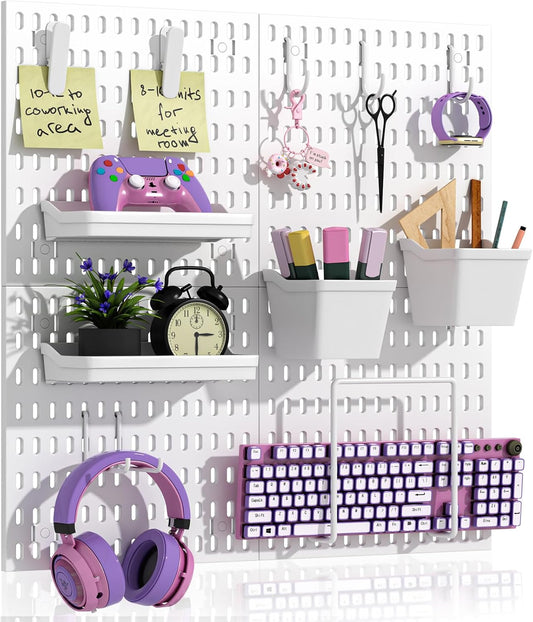 AKTOP Peg Board Wall Organizer 4-Pack – 12"x12" White Pegboard Combination Kit with 13 Accessories for Wall, Plastic Peg Board Panels for Home, Office, Garage Tool Storage & Craft Room