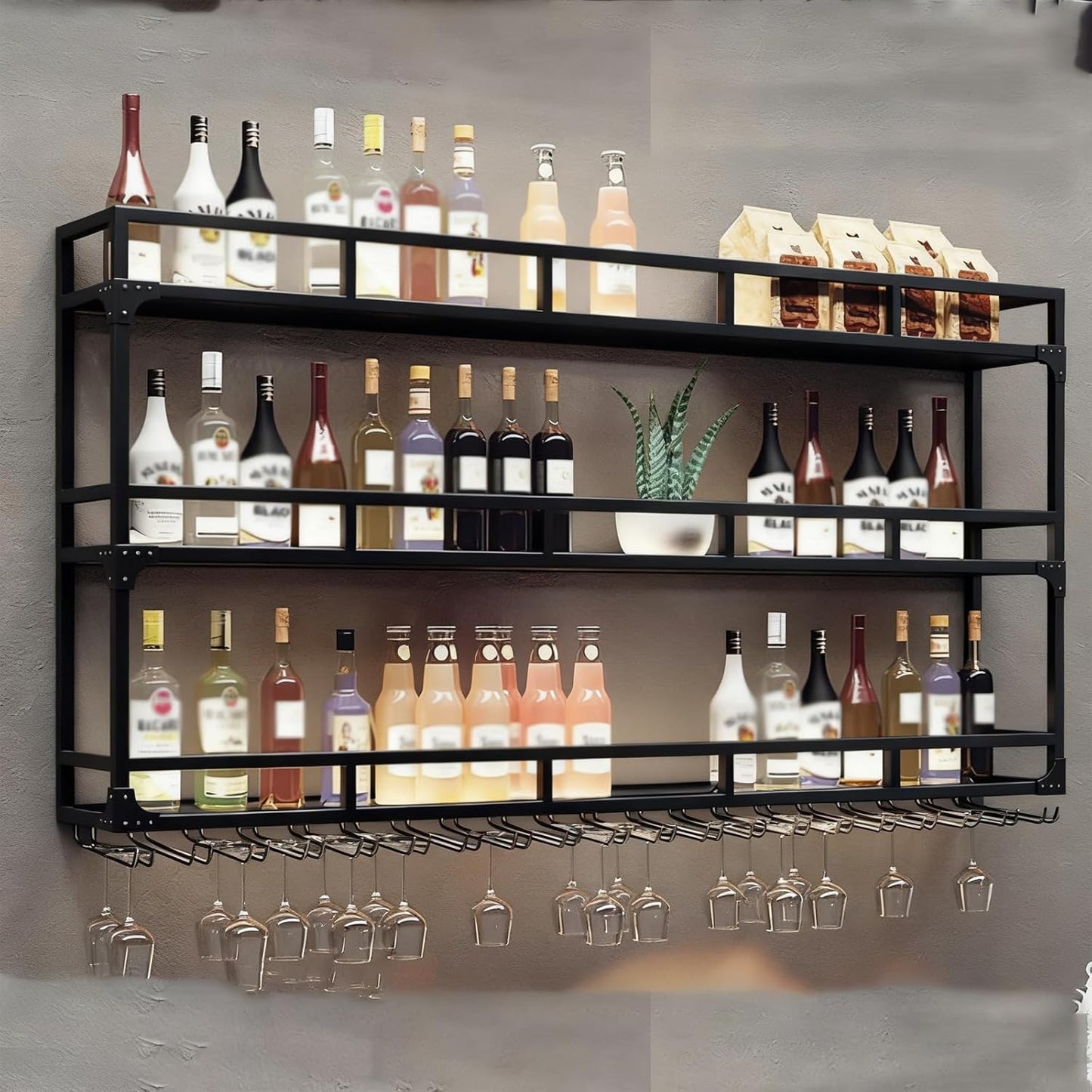 Wall Mounted Wine Rack, Wine Rack Wall Mounted with Wine Glass Rack, Metal Bar Bottle Display Shelf Wine Cups Hanging Holder, for Home Bar Cafe Dining Room Decoration (BLACK, 59*10*35.5IN)