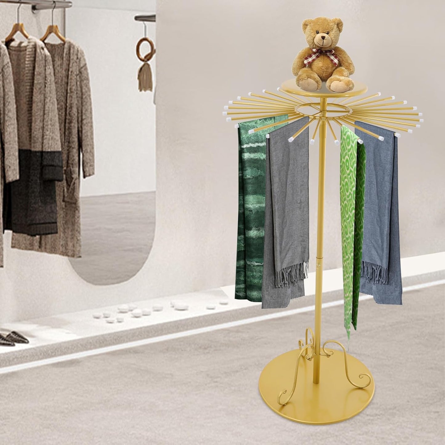 52.8in-Gold Retail Display Tie Scarf Rack, Belt Hanger Tie Rack, 360° Rotation Adjustable Height, Belt Display Scarf Stand Shawls Shelf, Organizer Holder for Clothing Store Retail, Bedroom