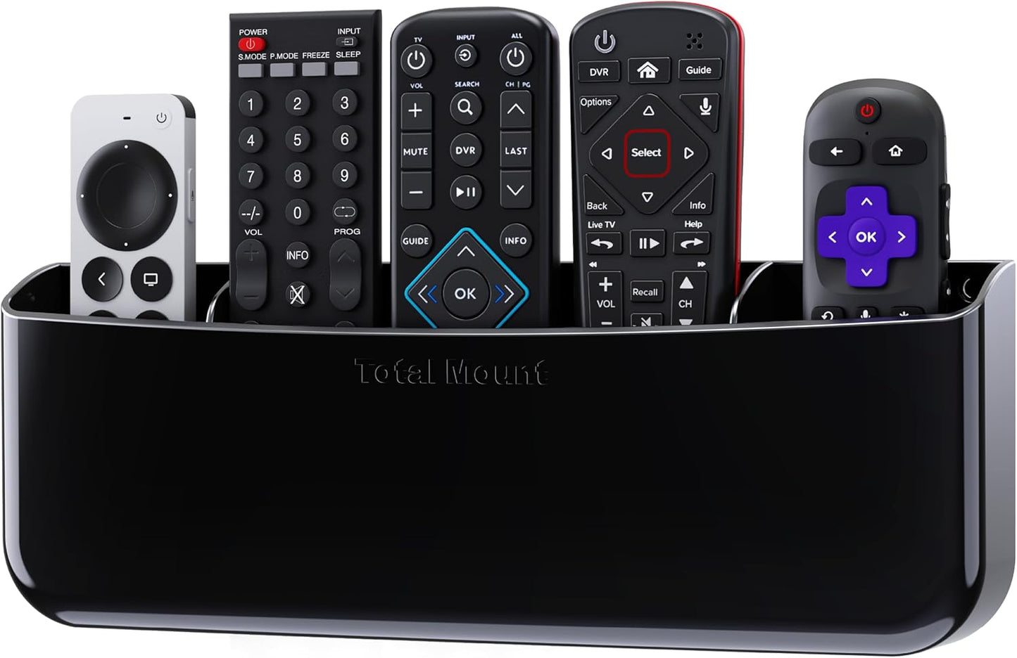 TotalMount Hole-Free Remote Holder – Eliminates the Need to Drill Holes in Your Wall (Premium Black Remote Control Holder for 5 or 6 Remotes)