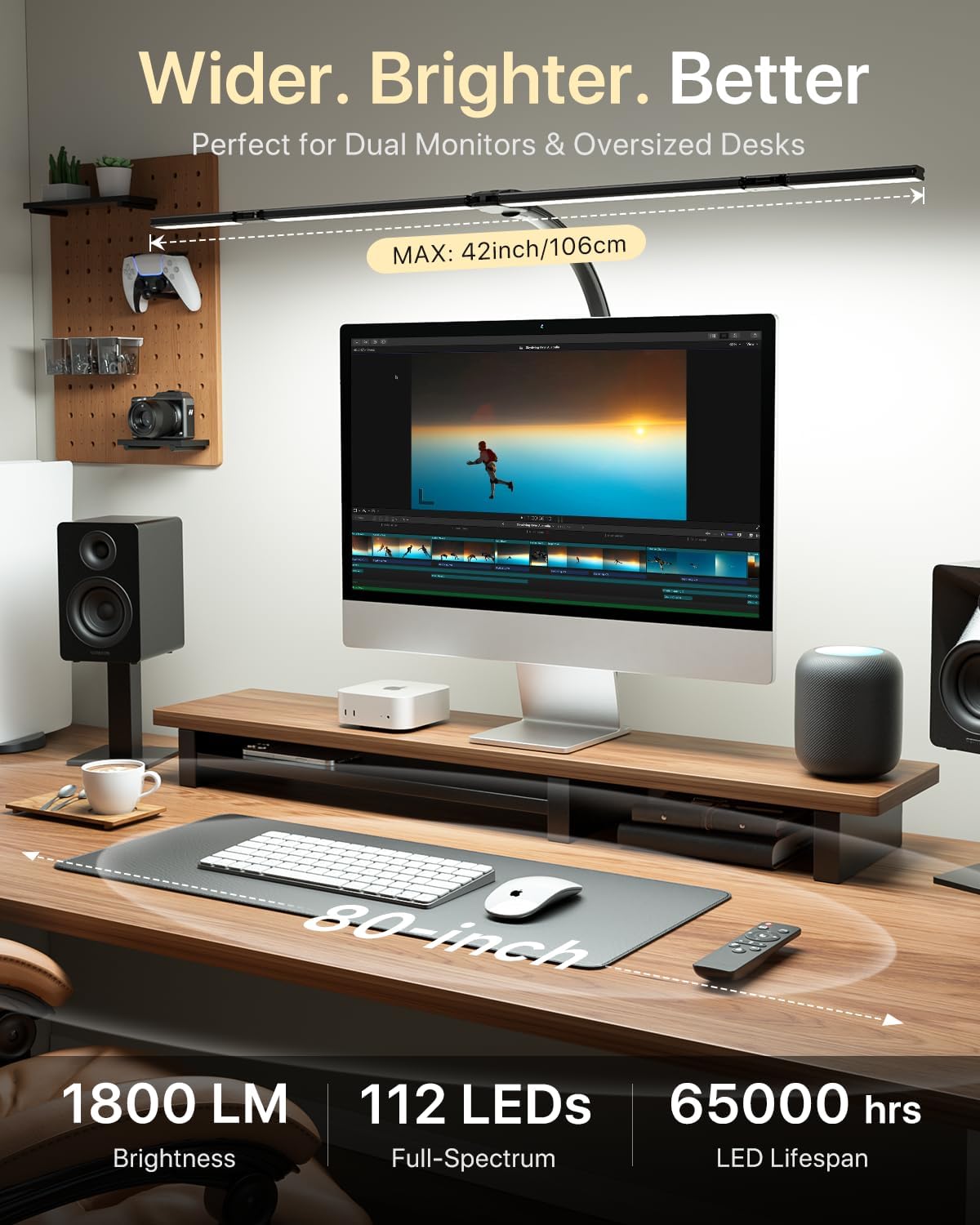 ONEMIX 42" LED Desk Lamp with Clamp, Architect Desk Light with Remote, Adjustable 4-Segment Bar, 1800LM Bright, Eye-Caring Desk Lamp for Home Office, Reading, Study, Dual Monitors, Workbench (Black)