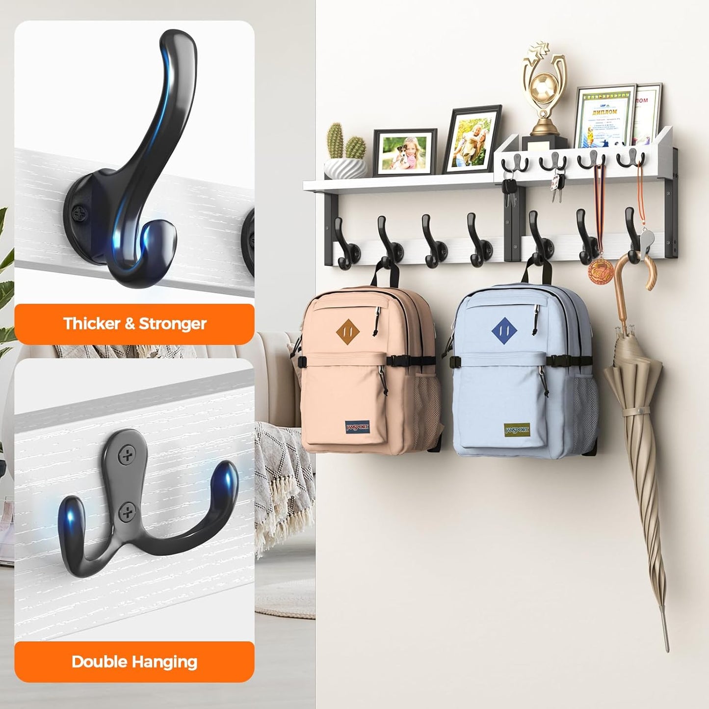 Evermagin 29" Coat Rack Wall Mount with Shelf, 4 in 1 Coat and Key Hanger with 11 Metal Hooks, Entryway Wall Mounted Shelf with Mail Holder for Living Room, Bedroom, White