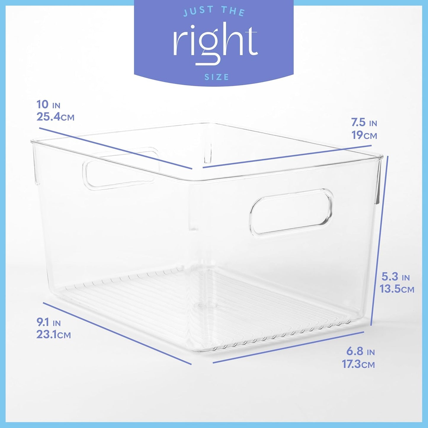 primebox Plastic Food Storage 4 Pack Clear Container Bin with Handles for Organizing Kitchen, Pantry, Refrigerator, Freezer, Pantry, Cabinet, Closet, Bathroom. 10”x7.5”x5.3”