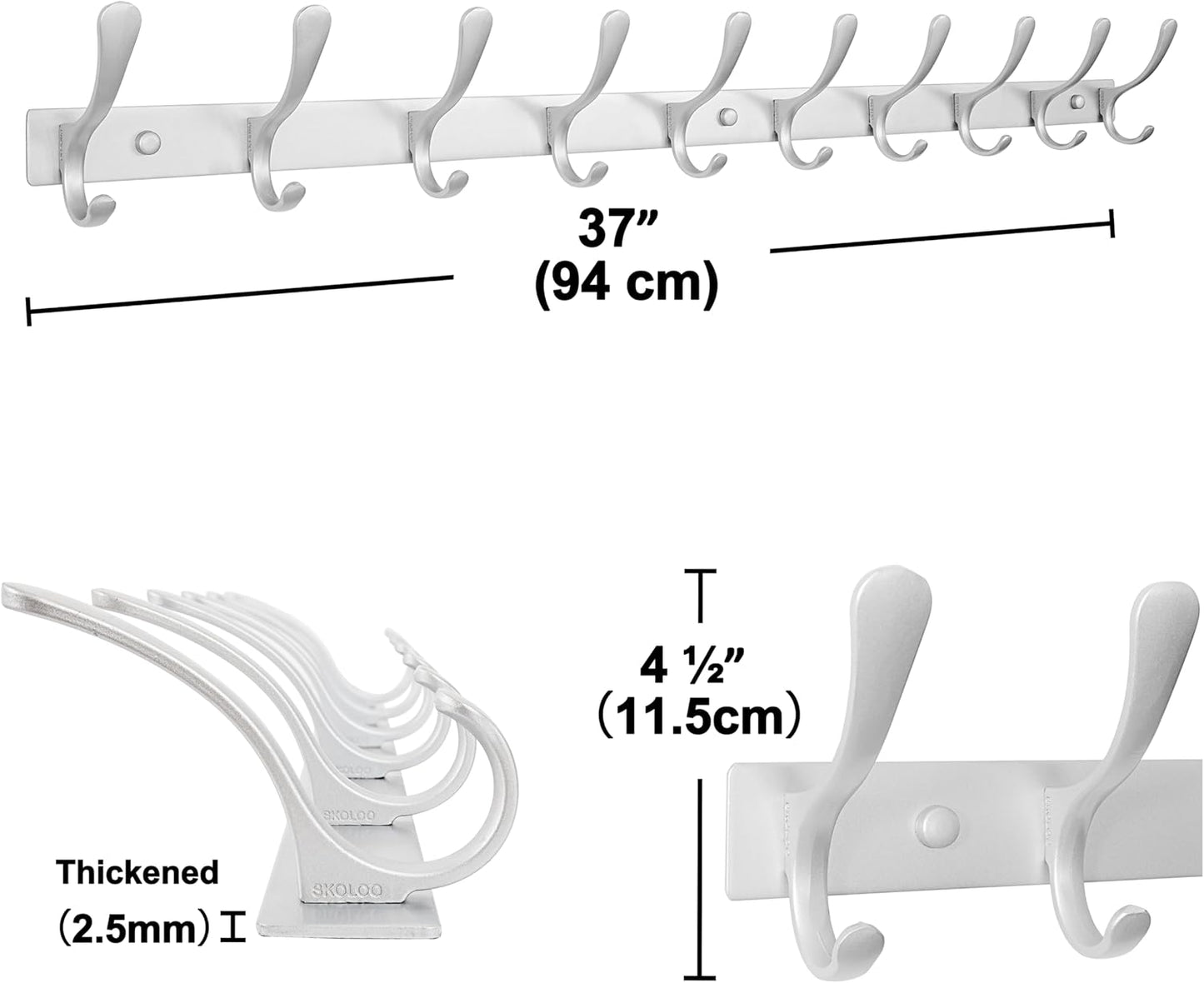 SKOLOO Coat Rack Wall Mounted - 10 Hooks, Pack of 2, Heavy Duty, Stainless Steel, Metal Wall Hangers, Sturdy Coat Hooks for Hanging Coats, Jacket, Clothes, Hat, Cold Light Silver