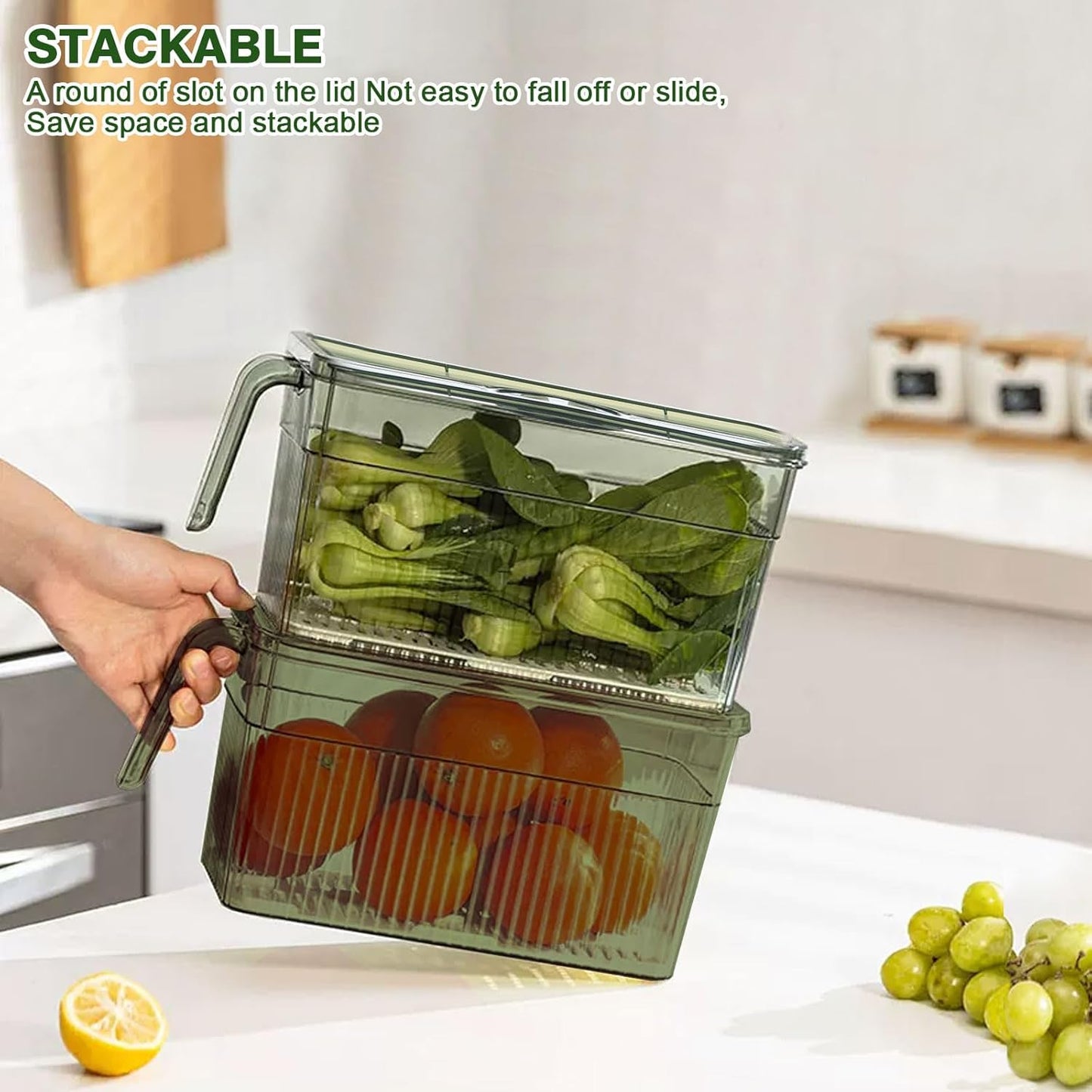 Loobuu 2Pack Stackable Food Storage Produce Saver Containers for Refrigerator, Berry Keeper Boxes for Fridge with Removable Drain Tray Keep Fresh for Vegetables/Fruit/Meat/Salad- 10.23'' x5.4'' x5.2''