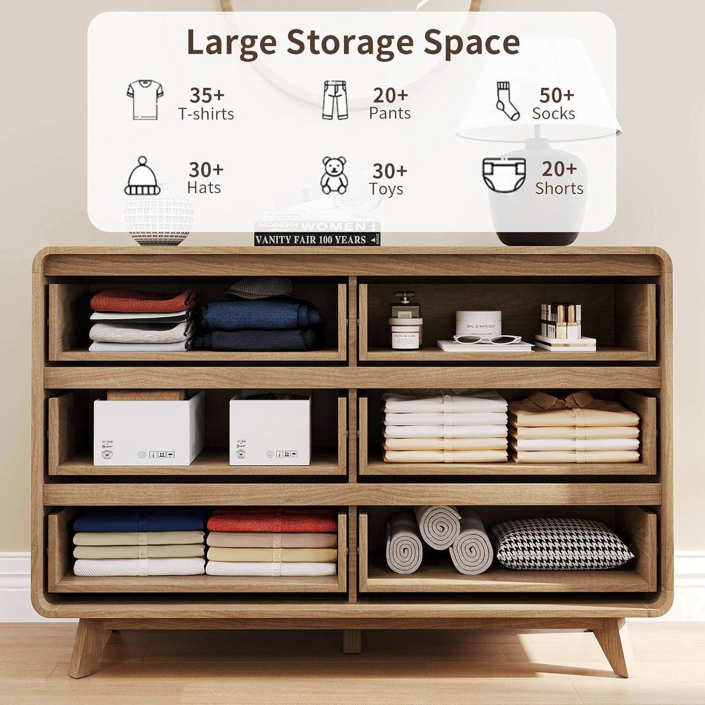 3 Piece Bedroom Set, Dresser and Nightstand Sets, Fluted 6 Drawer Dresser and Nightstand Set of 2, Wood Wide Chest of Drawers Storage Organizer Cabinet Set, Natural Oak