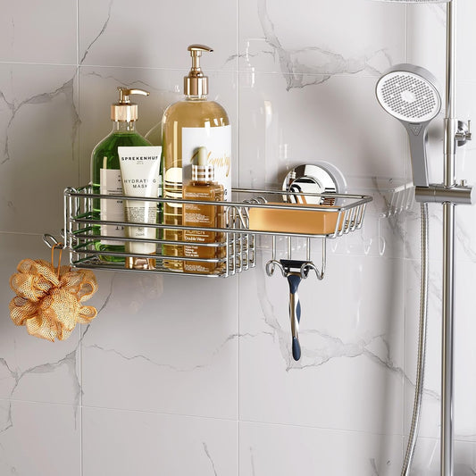 LEVERLOC Shower Caddy Suction Cup, Shelves for Inside with Hooks & Soap Holder Toothbrush Holder, NO-Drilling Bathroom Organizer, Rustproof Holder Storage, Silver