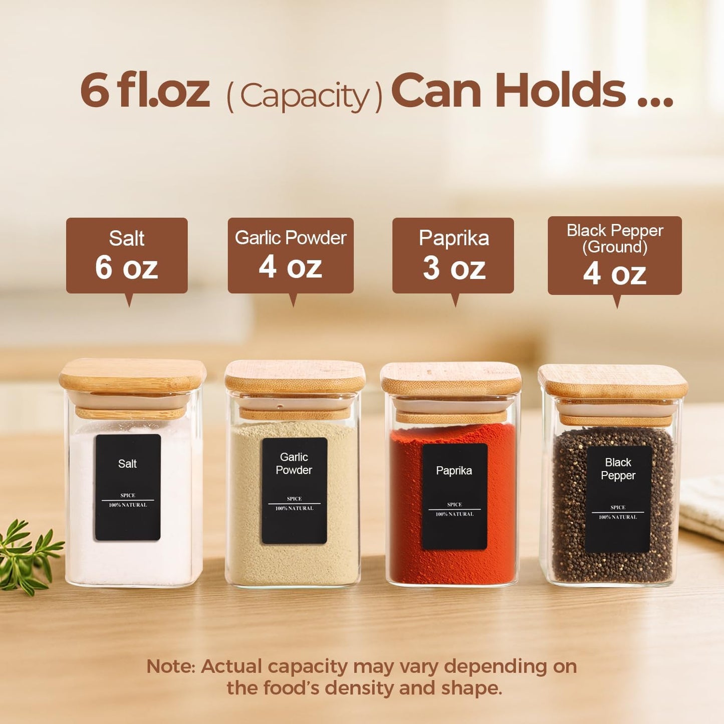ComSaf 16Pcs Glass Spice Jars with Bamboo Lid, 6oz Airtight Square Containers with 275 Black Lables, Empty Seasoning Jars for Salt Sugar