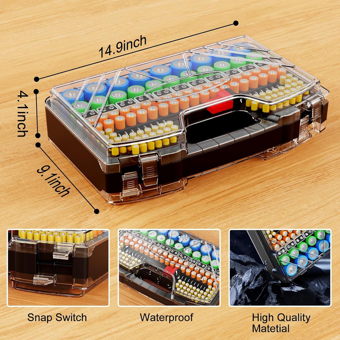 Battery Organizer Storage Holder Box Case with Tester, Stores & Protects Up to 285+ Batteries, Double-Sided and Durable Design,Holds AA AAA 4A C D Cell 9V 3V Lithium LR44 CR2 CR123 (Black)