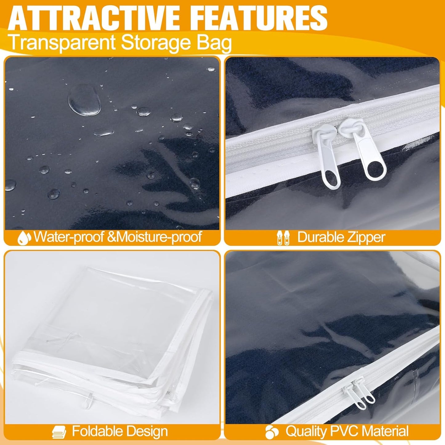 Plastic Storage Bags with Easy-Glide Zipper, Pack of 8, Durable Clear Vinyl Zippered Storage Bags for Clothes Sweaters Comforters Blankets Sheets Bedding (15.7 x 13.8 x 3.9 Inch)
