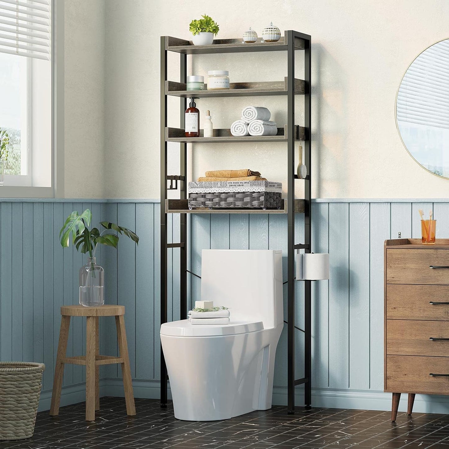 Rolanstar Over The Toilet Storage 4-Tier, Sturdy Bathroom Shelf with Adjustable Shelf, Freestanding Over The Toilet Rack for Bathroom, Behind Toilet Rack, Fix Most Toilet, Space-Saving, Gray