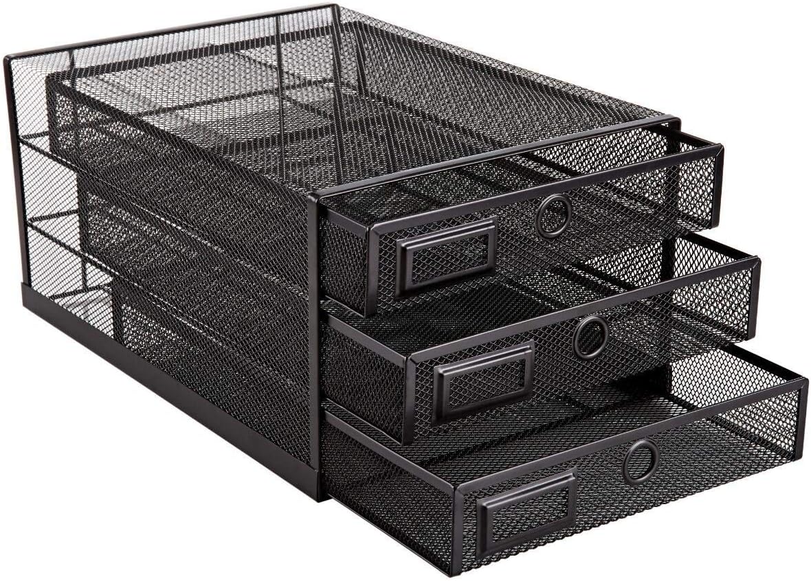 Annova Desk Organizer Wire Mesh 3 Tier Sliding Drawers Paper Sorter/Multifunctional/Premium Solid Construction for Letters, Documents, Mail, Files, Paper, Kids' Art Supplies (Black)