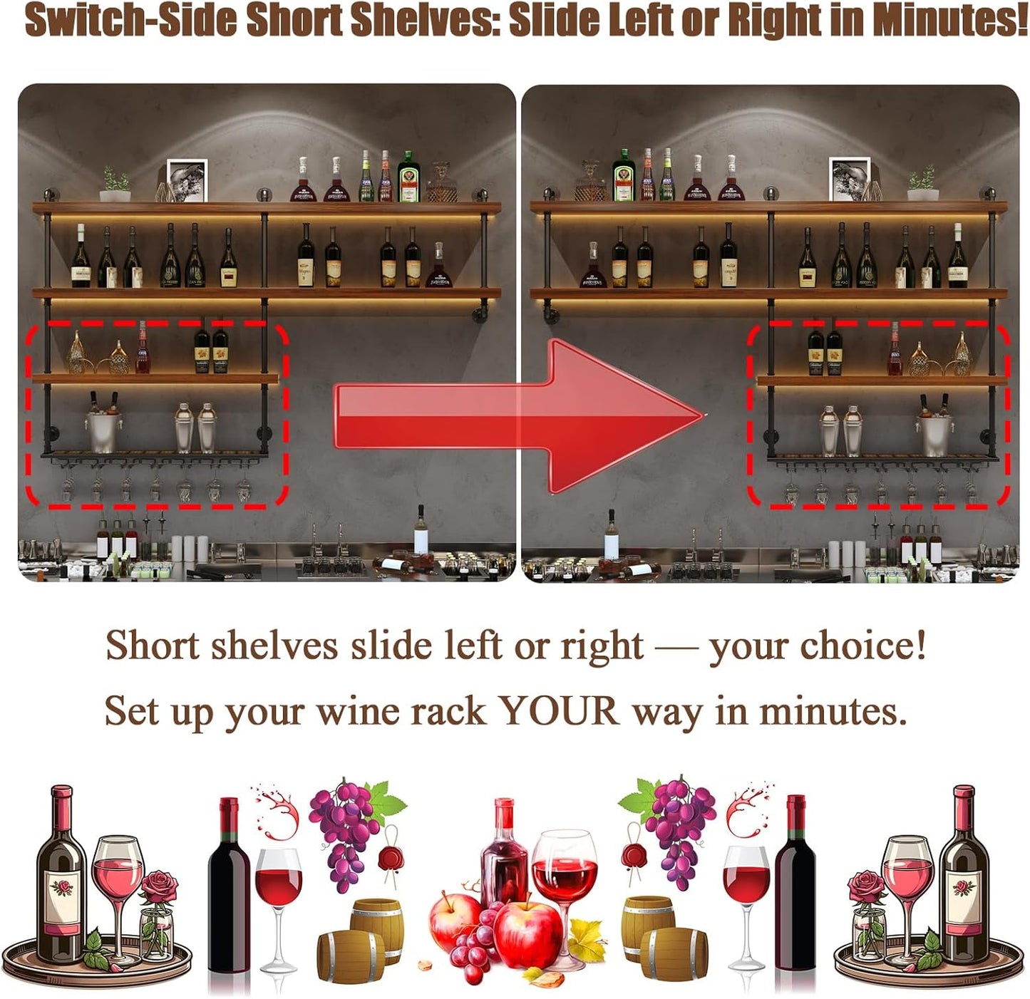 Solid Wood Wall Mounted Wine Rack, Large Wine Rack with LED Light, 4 Tiers Liquor Bottles Floating Shelves with Glass Holder, Industrial Bar Shelves for Home Bar Dining Room (59.1 IN/ 150CM)