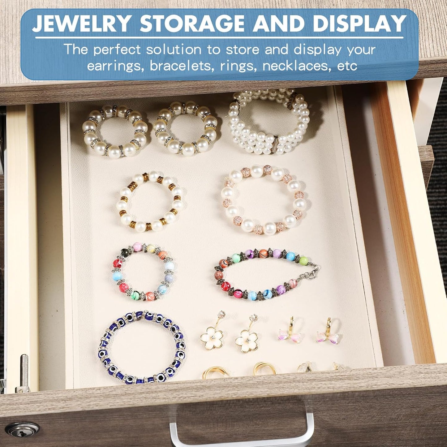 Quelay 6 Pcs Velvet Stackable Jewelry Tray Showcase Display, Jewelry Organizer Tray Bracelet Ring Earring Necklace Organizer Empty Plate for Drawers Countertop (Beige)