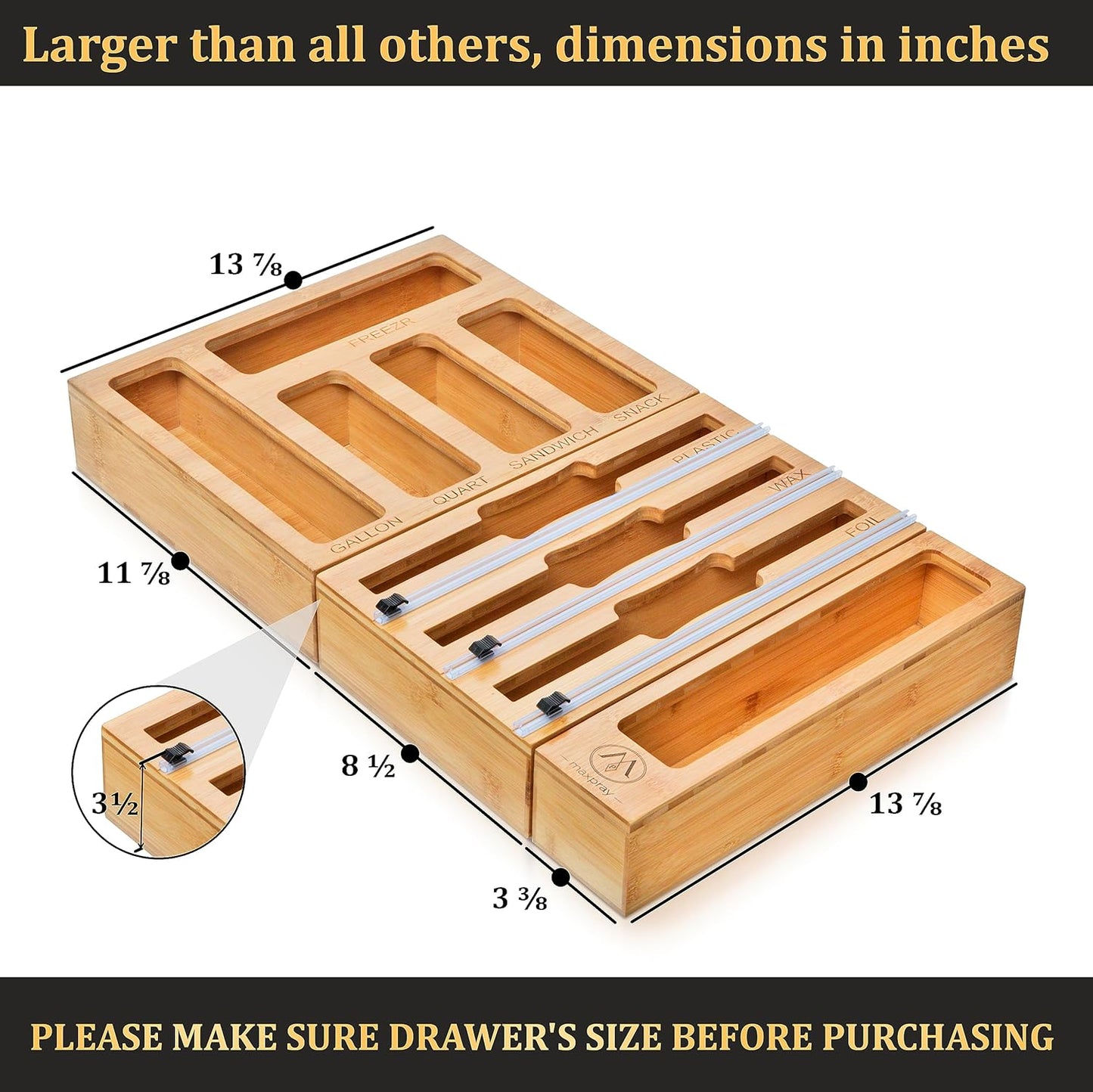 9 IN 1 Bamboo Foil and Plastic Wrap Organizer for Kitchen Drawer, Plastic Bag Organizer Organization and Storage, Food Storage Bag Organizer with Labels for Quart Gallon Snack Sandwich