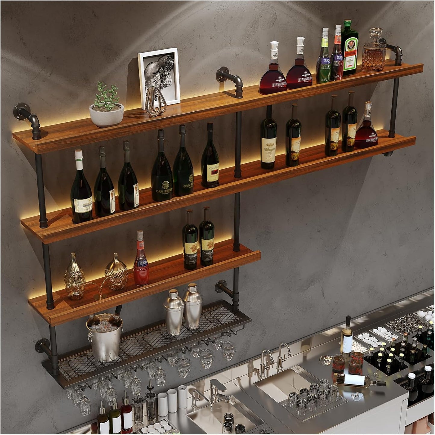 Solid Wood Wall Mounted Wine Rack, Large Wine Rack with LED Light, 4 Tiers Liquor Bottles Floating Shelves with Glass Holder, Industrial Bar Shelves for Home Bar Dining Room (59.1 IN/ 150CM)