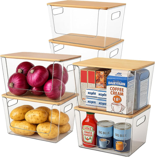 6 Pack Clear Stackable Storage Bins with Bamboo Lids, Trash Bag Holder Dispenser Under Sink Organizer for 4-13 Gal Bags, Plastic Storage Containers for Pantry Bathroom Kitchen Organization