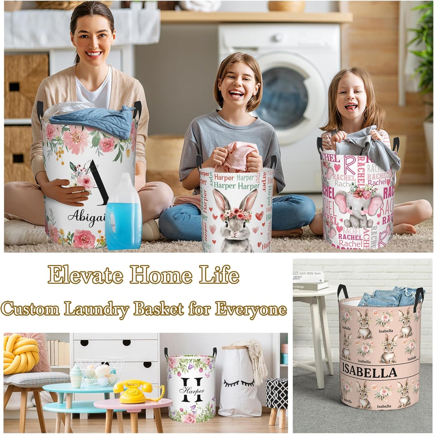 Custom Name Laundry Hamper, Personalized Rabbit Laundry Basket with Name for Boys Girls Kids Men Women, Customized Name Dirty Clothes Basket Gifts for Clothes Toy Bathroom Bedroom Laundry Room Dorm
