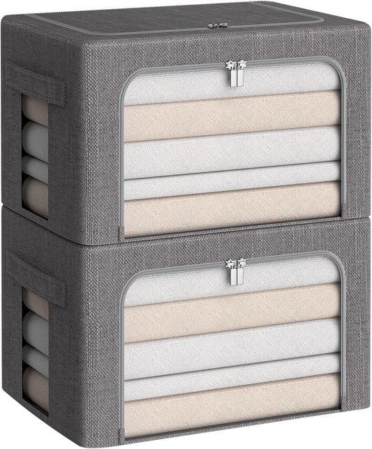 CYhom Clothes Storage Bins Box - Linen Fabric Foldable Stackable Container Organizer Set with Clear Window & Carry Handles & Metal Frame (Dark Gray, Medium-36L)