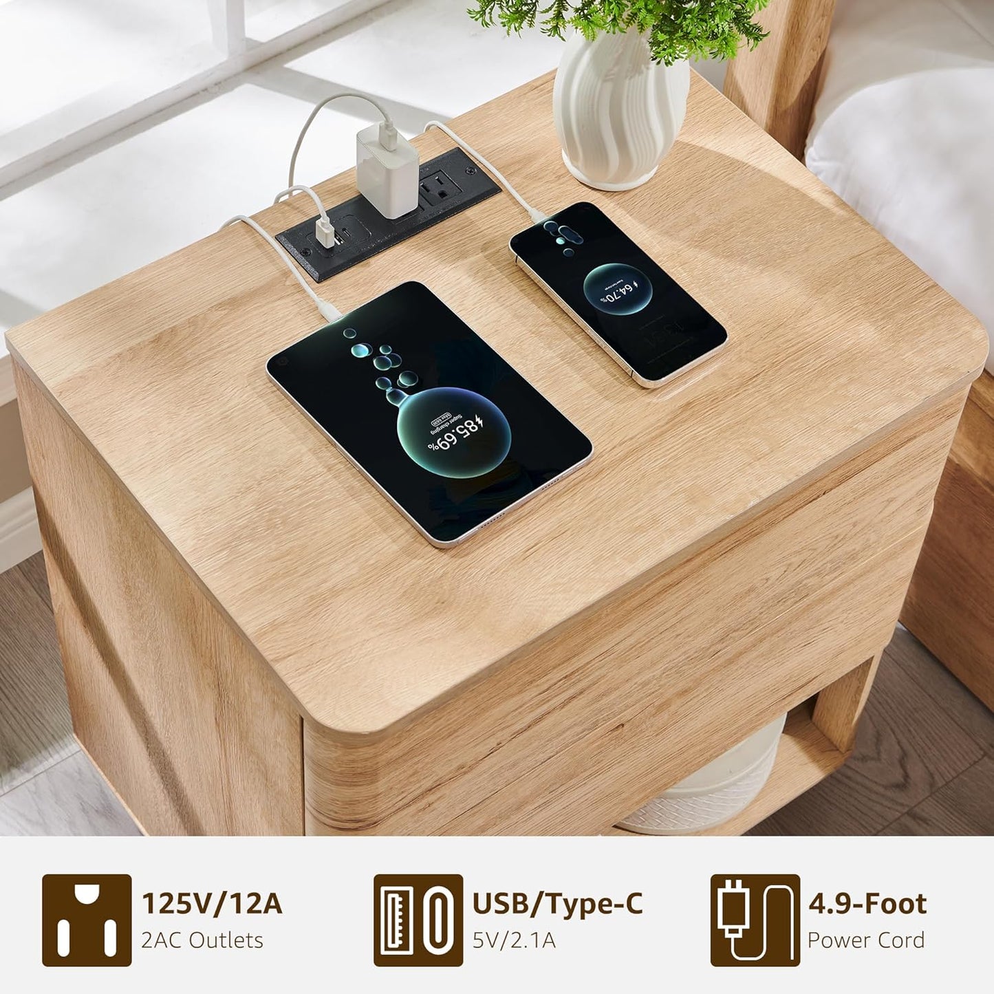 ACCOHOHO Nightstand with Charging Station, 22" Push-to-Open Bedside Table with 2 Storage Drawers, Large Modern End Table for Bedroom,Living Room,Natural Oak