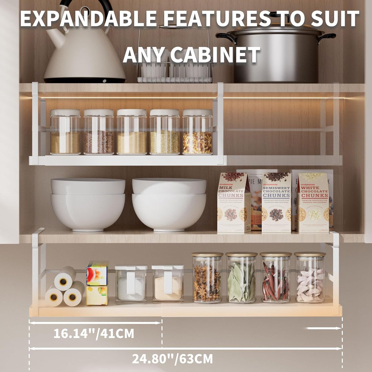 Finnhomy 2 Pack Under Cabinet Organizer, Pantry Organizers and Storage, Under Shelf Basket, Pantry Organization, Expand between16.14”-24.8”, Light Gray