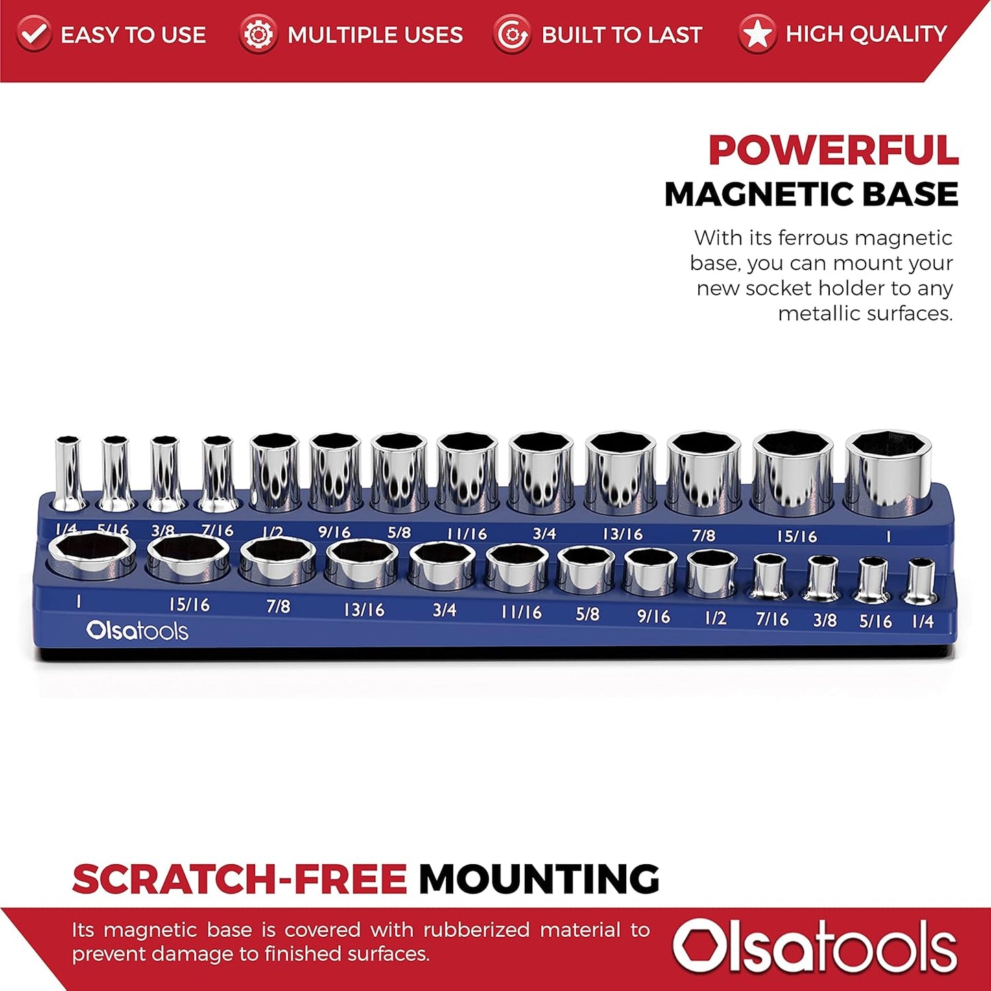 Olsa Tools Magnetic Socket Organizer | 3/8-inch Drive | SAE Blue | Holds 26 Sockets | Professional Quality Tools Organizer