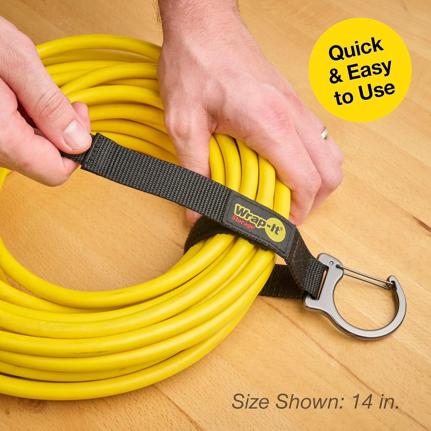 Wrap-It Storage Quick Clips - 14" (3-Pack) Black - Cable Straps With a Metal Clip to Use as an Extension Cord Organizer or Garden Hose Holder