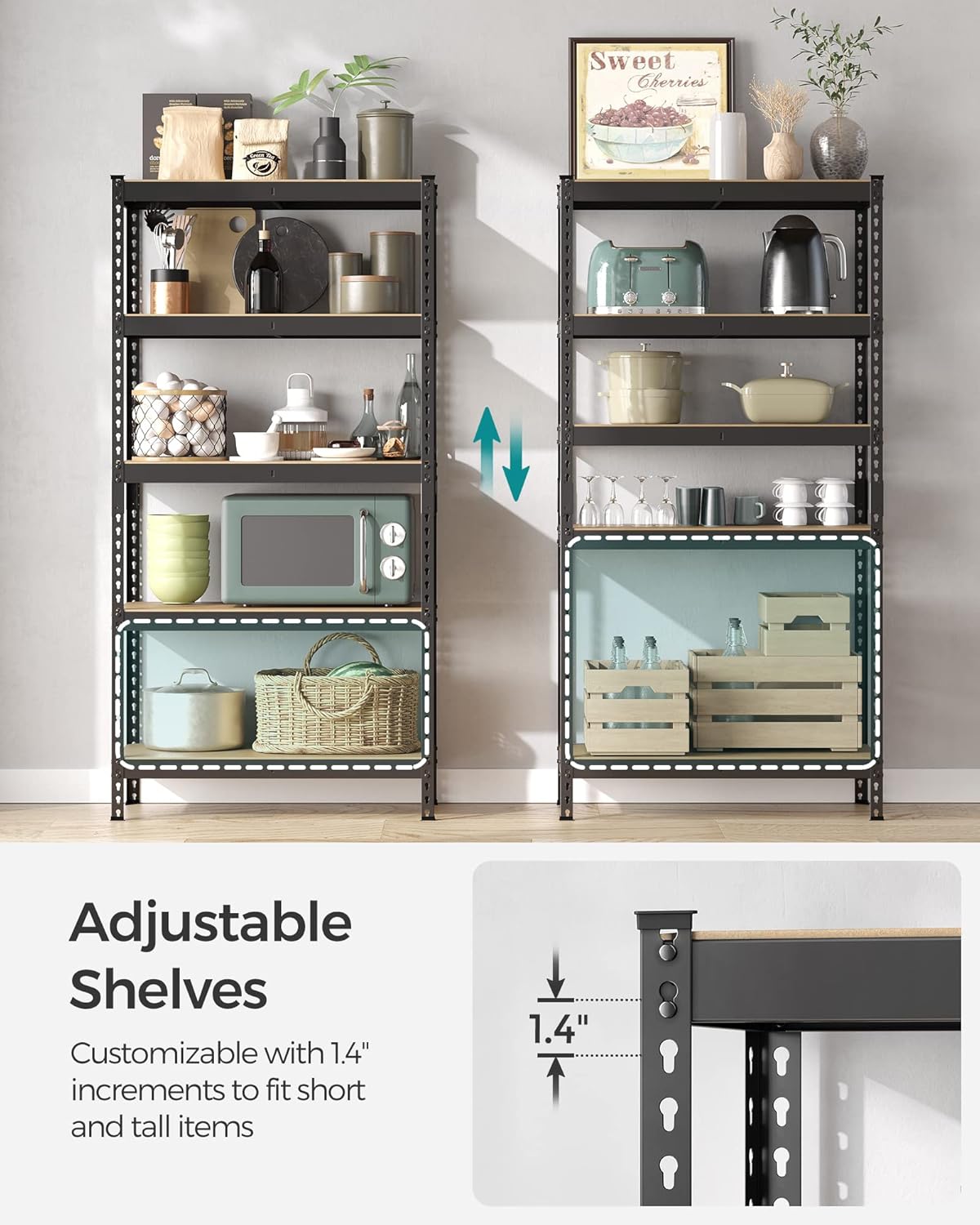 SONGMICS 5-Tier Storage Shelves, Load 2310 lb, Garage Storage, Boltless Assembly, Adjustable Shelving Unit, 17.7 x 35.4 x 70.9 Inches, for Study Shed Basement, Black and Natural Beige UGLR450B01