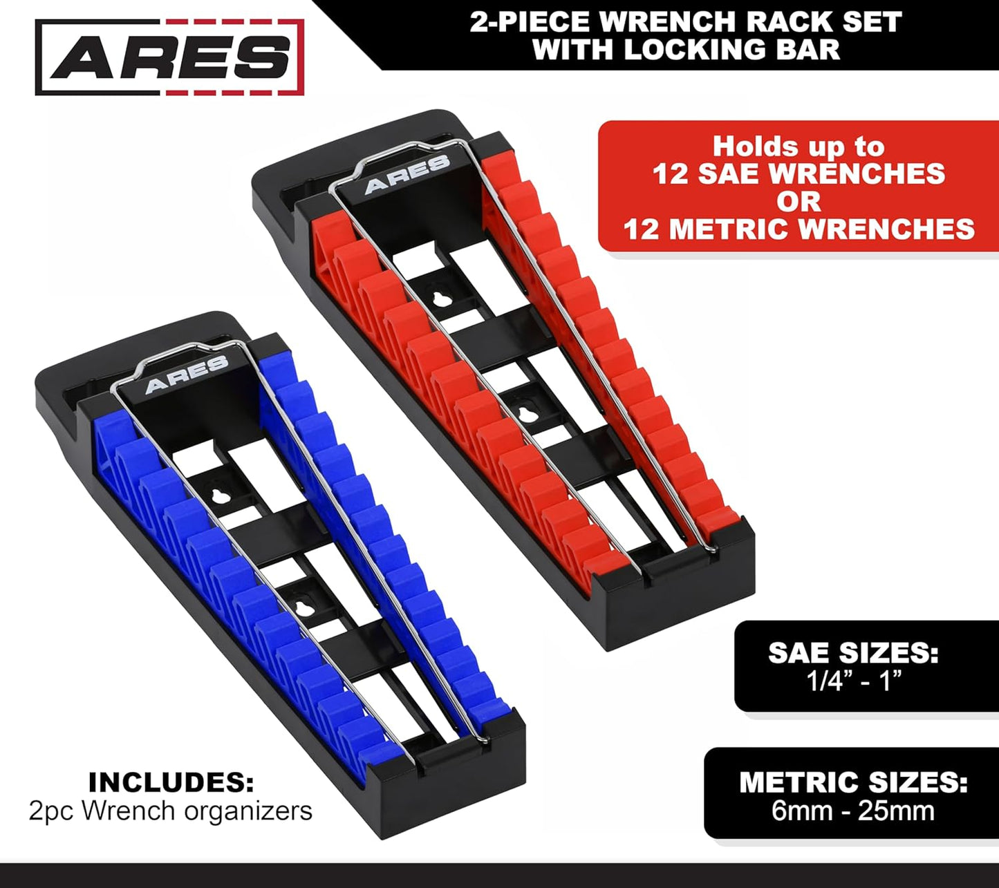 ARES 62043-2-Piece Wrench Rack Set with Locking Bar - SAE Rack Holds 1/4-Inch to 1-Inch Sizes - Metric Holds 6 to 25mm Sizes - Locking Metal Clip Secures Wrenches