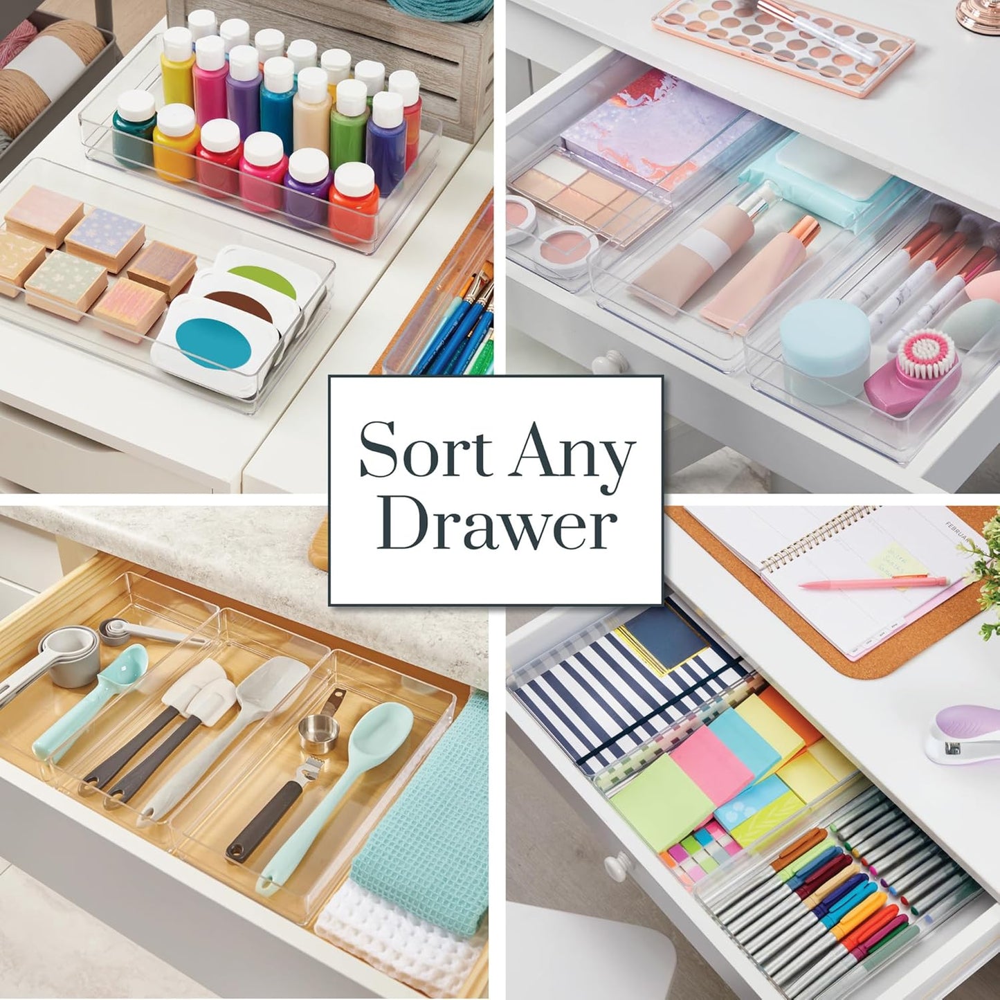 STORi SimpleSort 3-Piece Stackable Clear Drawer Organizer Set | 12" x 6" x 2" Rectangle Trays | Wide Makeup Vanity Storage Bins and Office Desk Drawer Dividers | Made in USA