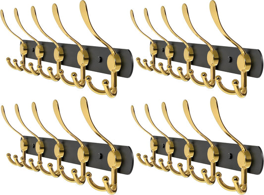 Coat Rack Wall Mount with 5 Tri Hooks, Stainless Steel 16 Inch – Black & Gold Matte Finish, Heavy Duty Wall Mounted Hook Rack for Coats, Hats, Towels, Scarfs, Robes, Bags, Entryway & Bathroom, 4 Pack