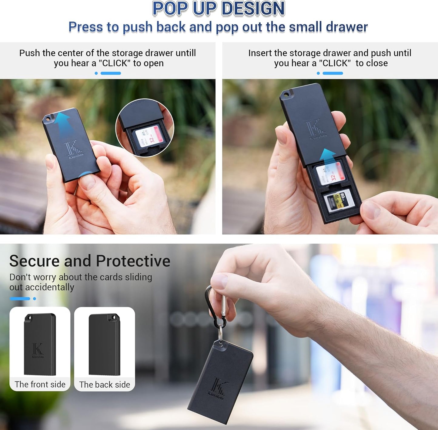 Pop-up Small Memory Card Case Holder for 2 SD SDHC SDXC Cards & 2 CFexpress Type A Cards with Carabiner, Portable Anti-Shock Splash-Proof SD CFA Card Case Storage Protector Organizer Keeper Container