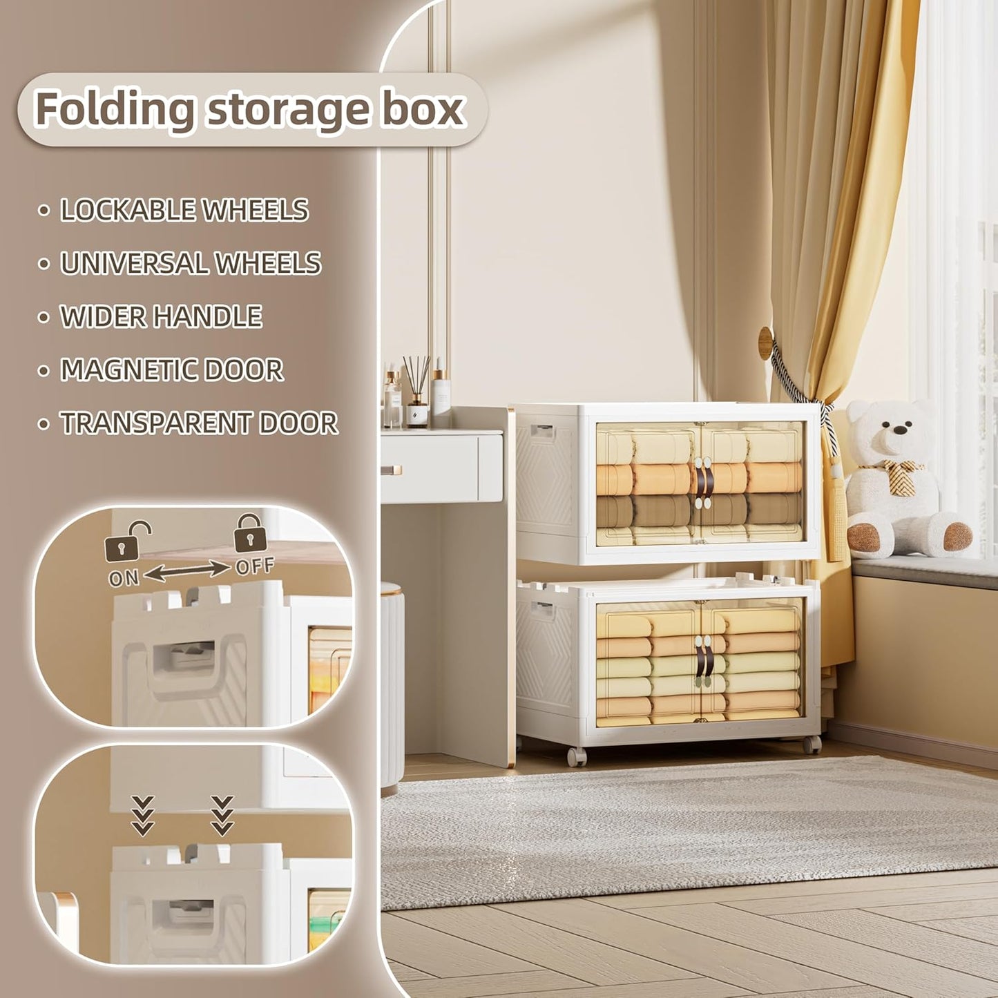 168 QT / 42 Gal Heavy Duty Double Door Storage Cabinet - Magnetic Closure, Foldable Stackable Design with Wheels & Leather Handles, Plastic Organizer for Garage/Bedroom