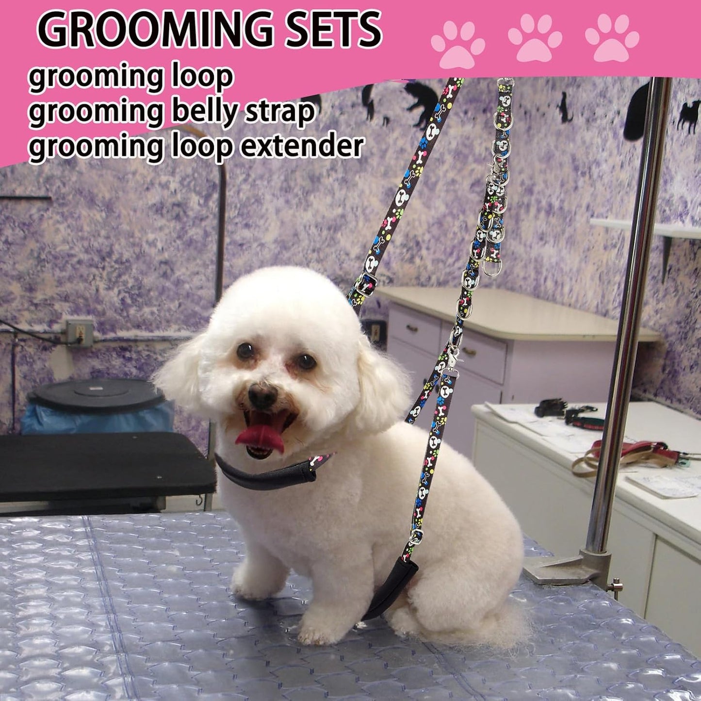Dog Grooming Belly Straps - Grooming Loops Belly Support Band Dogs Grooming Table Arm Accessories with Cute Paw and Bone Pattern Restraint Noose Loop for Small to Large Dogs (Sky Blue)
