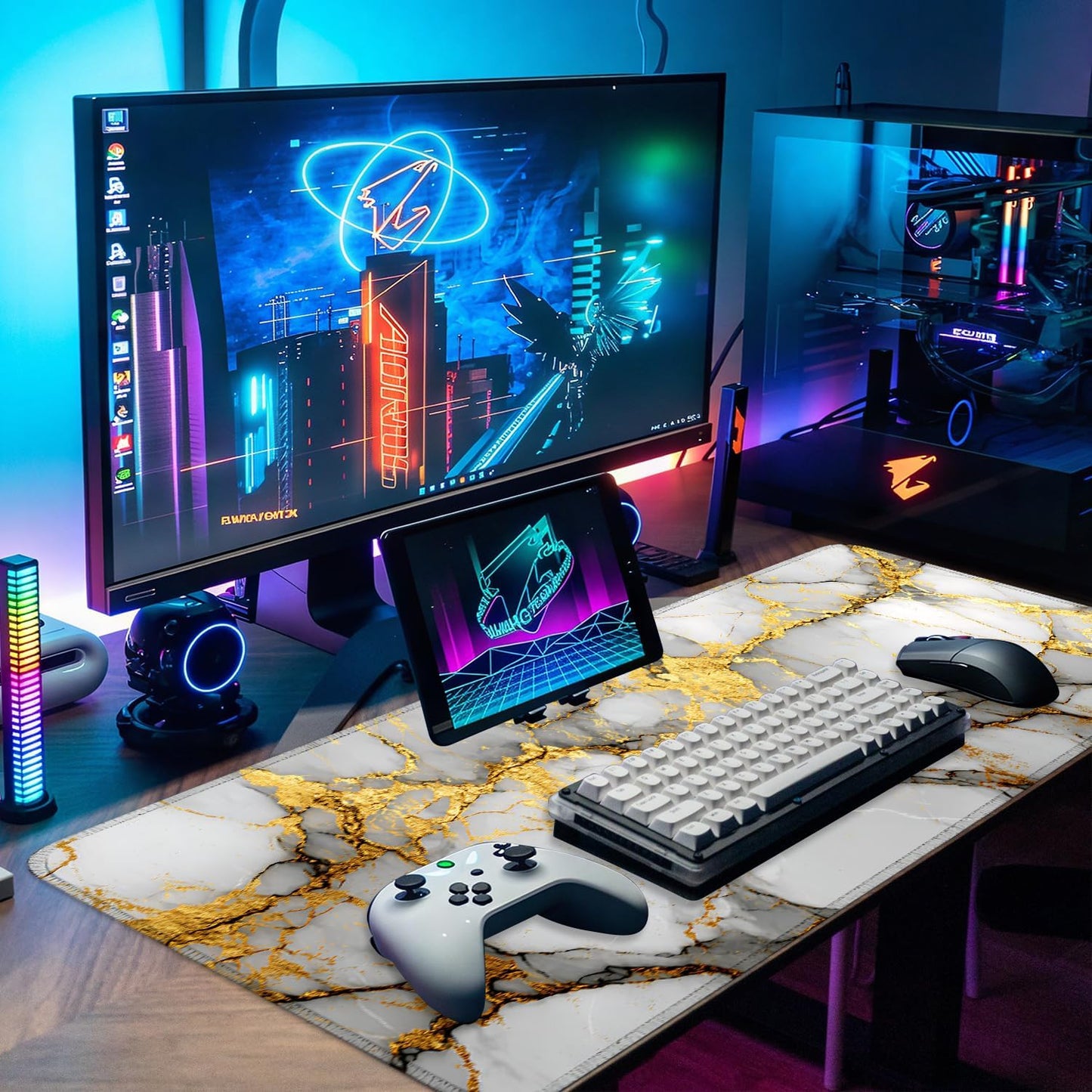 White Marble Mouse Pad – Large Extended Desk Mat 31.5 x 11.8 in– Elegant Gold Vein Design, Non-Slip Rubber Base, Waterproof Surface, Keyboard & Mouse Pad for Office, Gaming, Home Decor