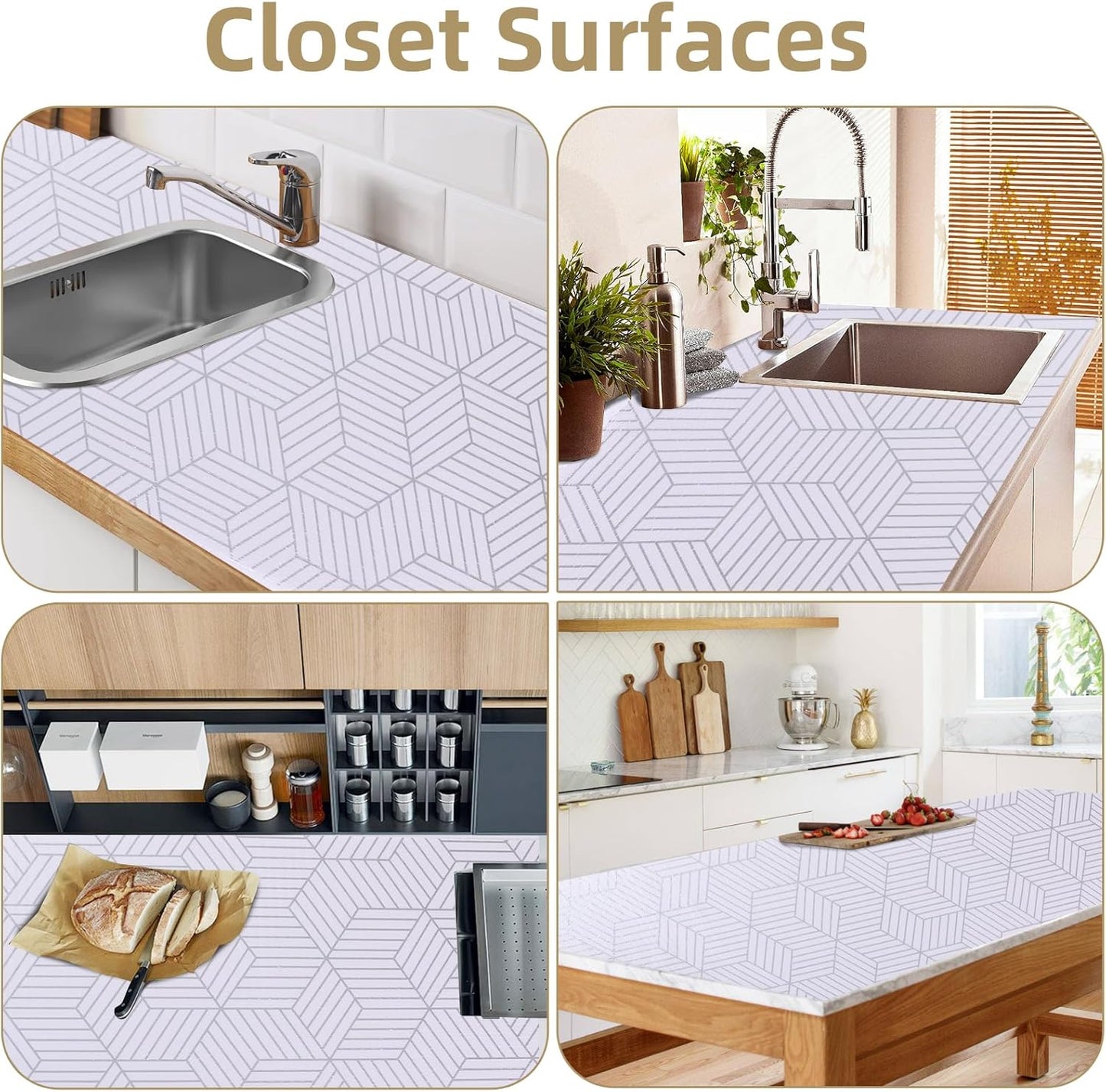 Shelf Liners for Kitchen Cabinets 12in x 30FT, Non Adhesive Cabinet Liner Strong Non-Slip Thickened Silver Geometric Easy to Clean for Shelf, Cabinet, Refrigerator with Knife and Tape Measure
