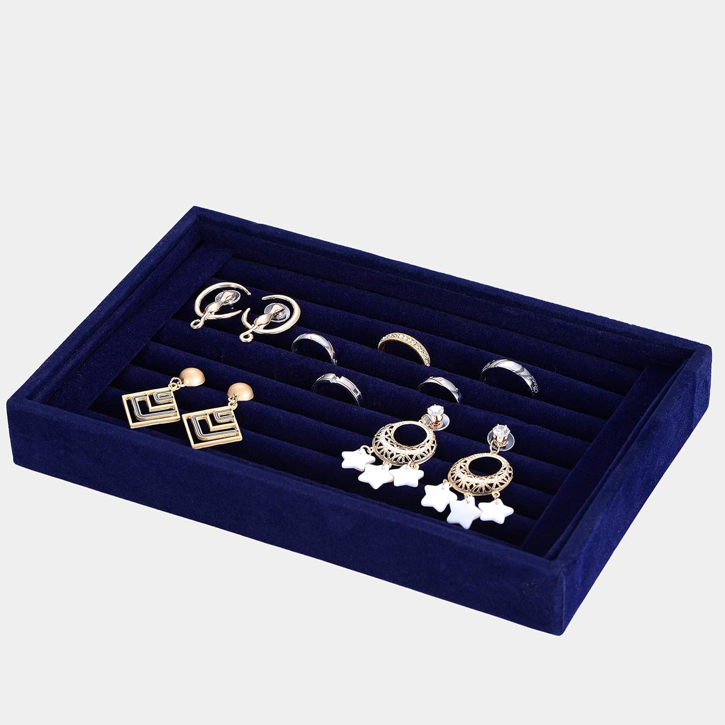 Valyria Velvet 7 Slots Ring Earrings Trays Showcase Display Jewelry Organizer (Blue)