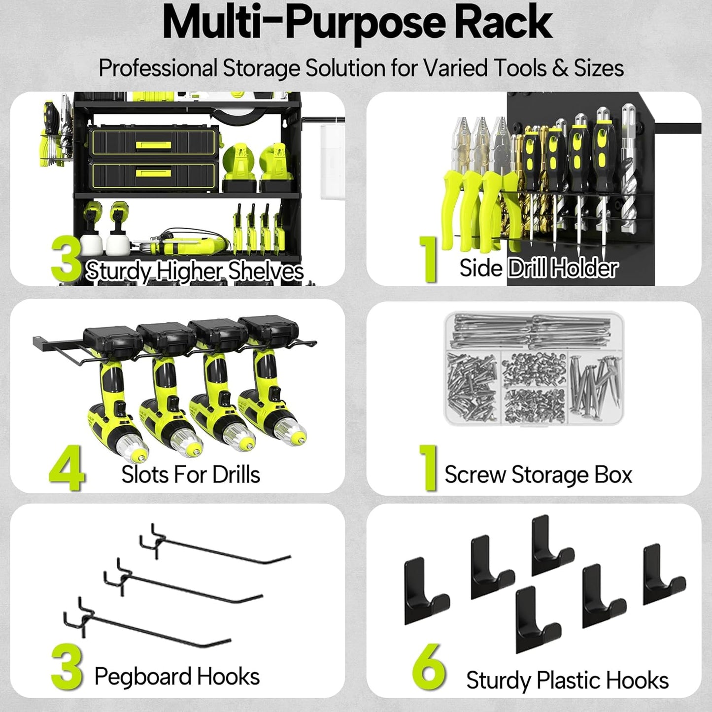 4 Layer Heavy Duty Power Tool Organizer Wall Mount with Charging Station, Adjustable Metal Storage Rack, 6 Outlets Strip, Drill Holders, Hooks & Drill Bit Rack for Garage, Workshop, Black