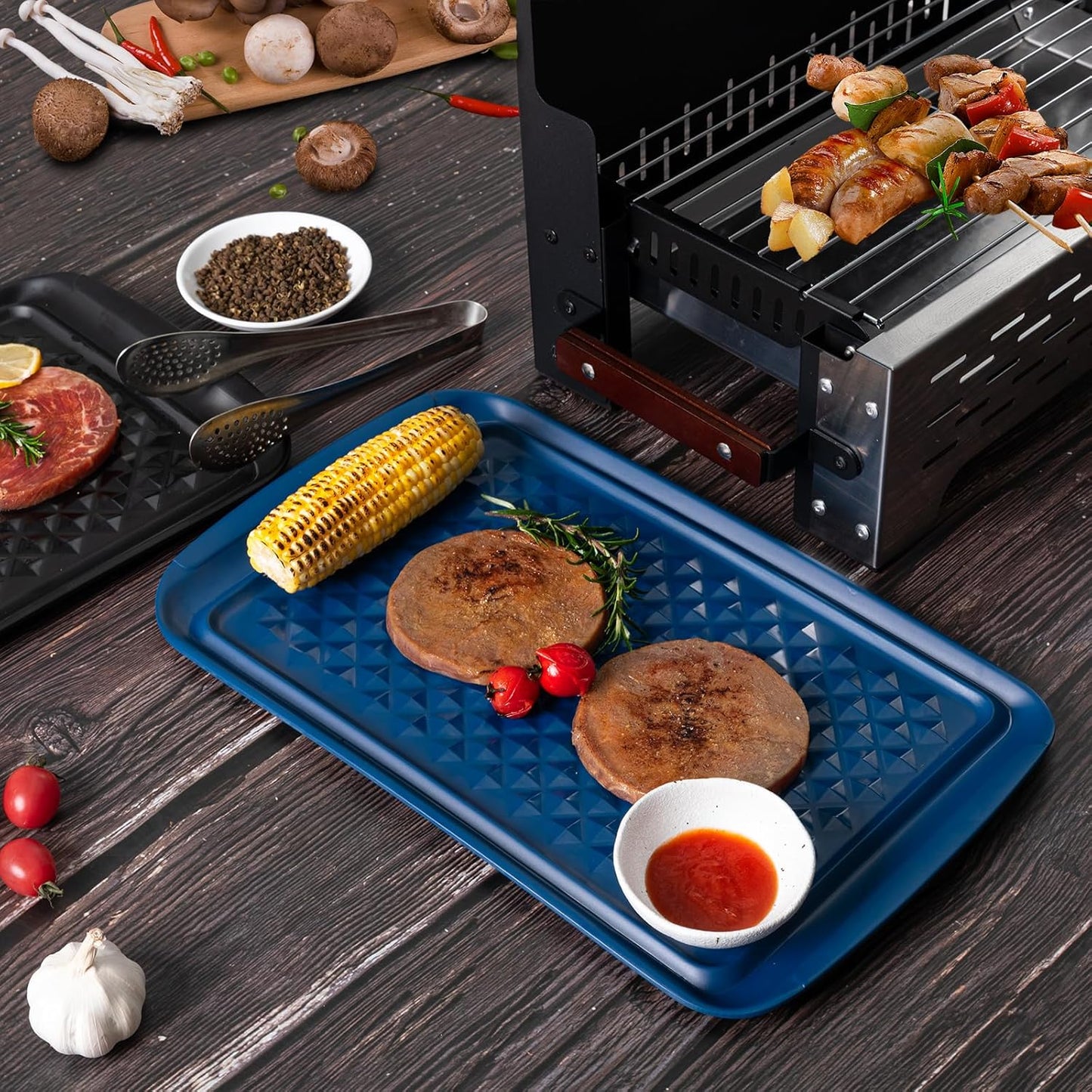 Melamine Grilling Prep and Serve Trays, Set of 2 Melamine Rectangular Serving Trays/Platters with Handle for Outdoor Parties and BBQ, Dishwasher Safe Food Tray,17''x10.5''. Blue and Black