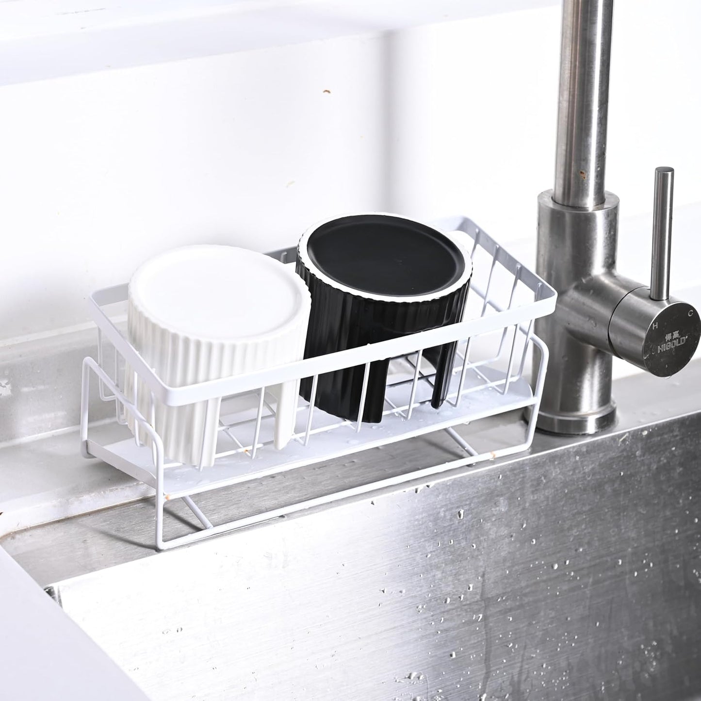 Ceramic Sponge Holder for Kitchen Sink - Dishwasher Safe Porcelain Dish Sponge Caddy Minimalist Vertical Stripes, Scrub Daddy Drying Rack for Countertop, Bathroom, Kitchen Sink Organizer, Black