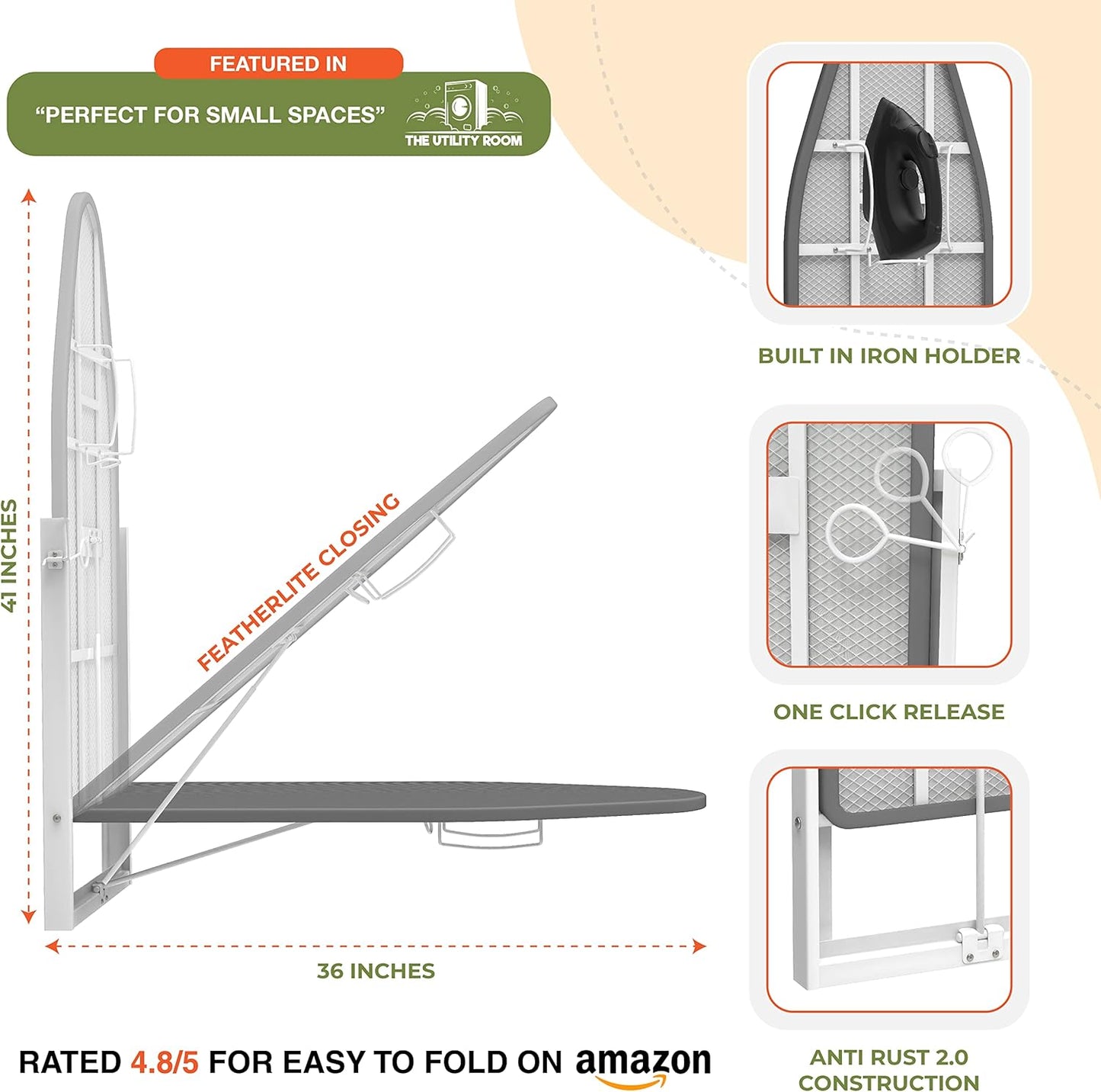 Xabitat Wall Mounted Ironing Board with Iron Holder, 36.2" X 12.2" Compact Mount Fold Down Iron Board for Small Spaces, Space Saving with Cotton Fabric Cover, White and Blue
