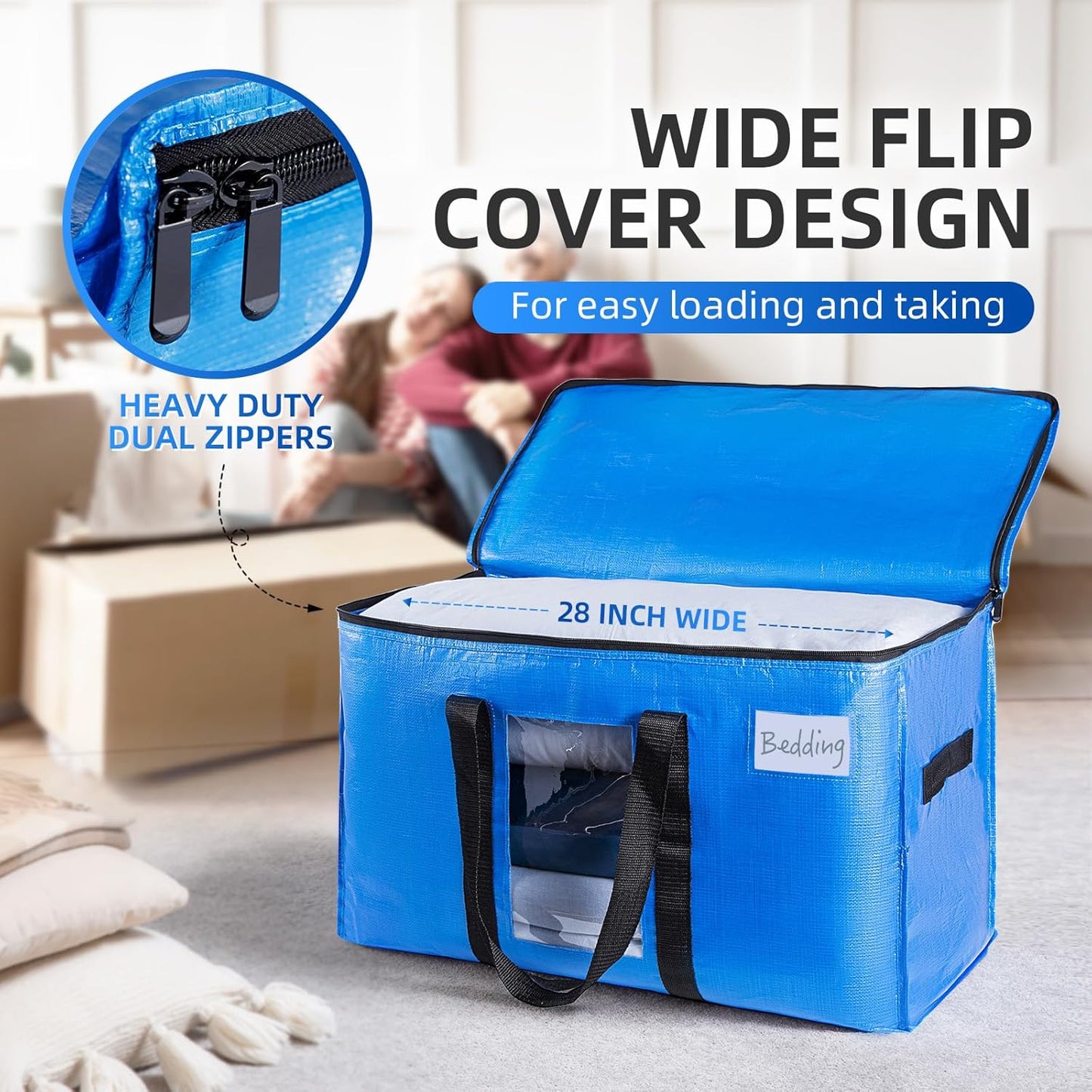 TAILI Extra Large Moving Bags, 12 Pack Blue Heavy Duty Totes for Storage with Visible Window, Wrap Around Handles, Storage Bags for Space Saving, Alternative to Moving Boxes